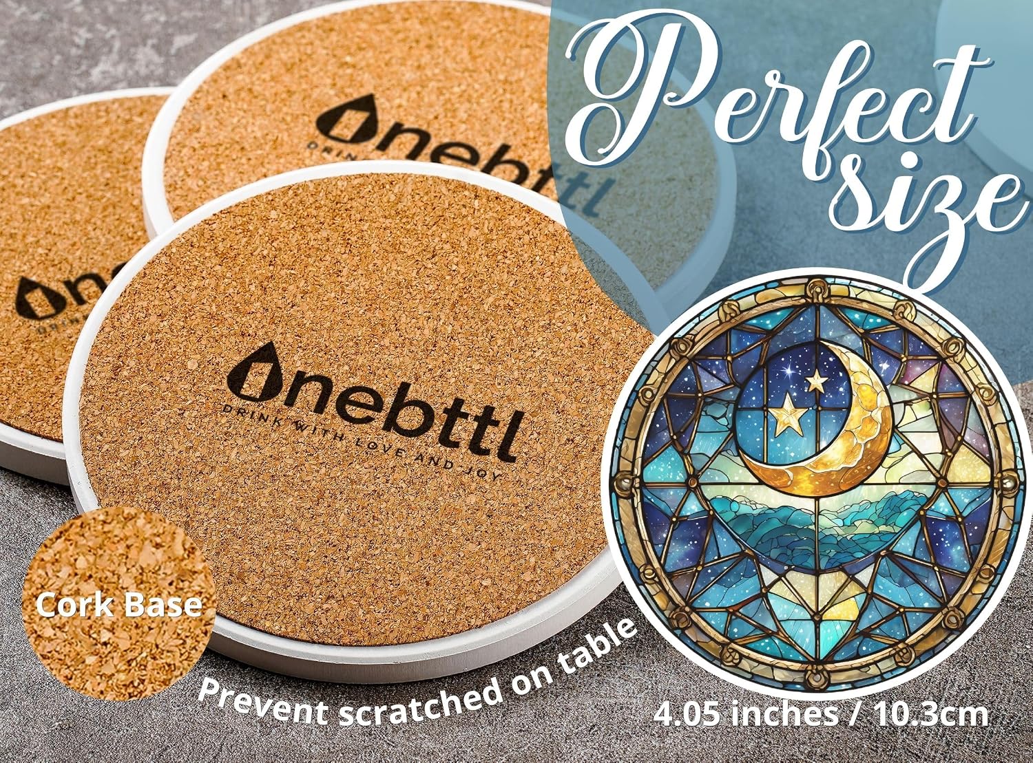 Moon Coaster, Ceramic, Set of 6, with Gift Box, Absorbent with Cork Base, Stain Glass Stlye Gifts for Moon Lovers, Home Decor for Housewarming, Thanksgiving, Birthday, Christmas
