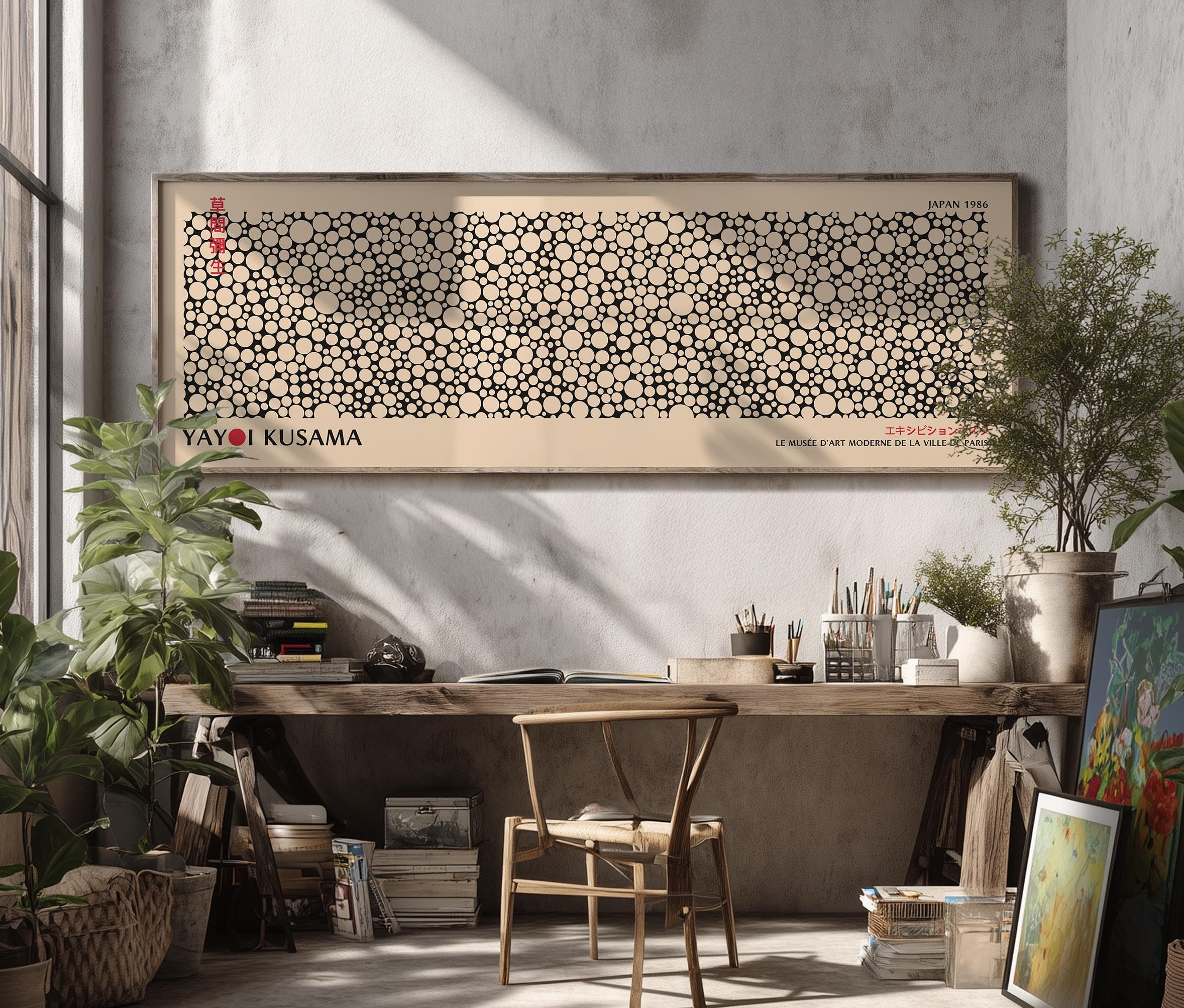 YUSUZHU Pósteres inspirados en Yayoi Kusama: Cuadros abstractos panorámicos para pared, impresiones grandes en lienzo beige y negro (50 x 150 cm/sin marco)