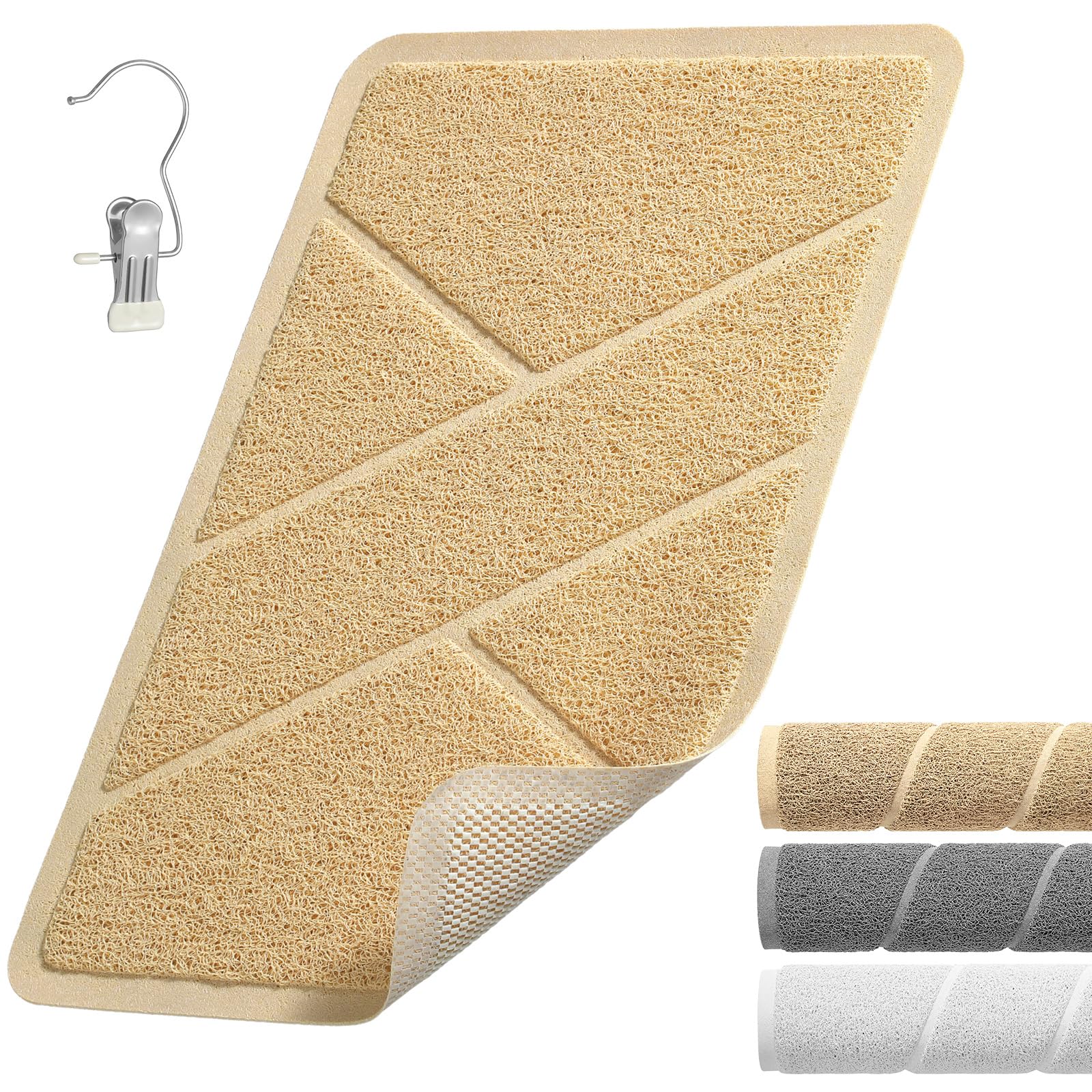 XIYUNTE Soft Shower Mat Non Slip Anti Mould, Loofah Bath Mat with Heat-Pressed Edging 60x40cm, INCL. Hooks for Drying, Non Slip Shower Mats for Inside Shower, Machine Washable and BPA-Free, Brown