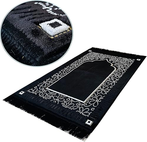 Miniatura 2 de Mihrab - Tapete de oración de terciopelo de lujo original, 26.46 oz de peso, fabricado en Turquía, color negro