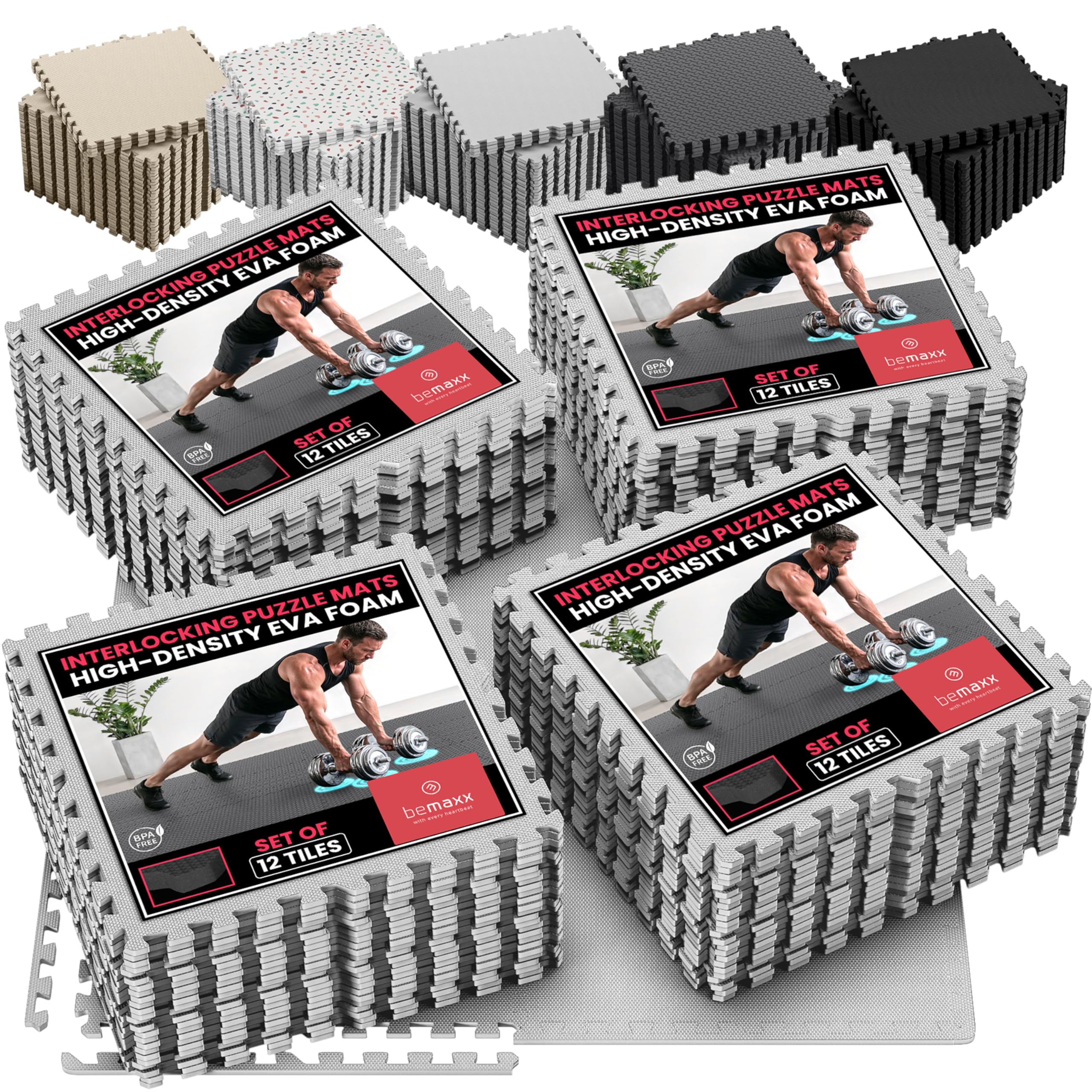bemaxx Gym Mats Set - 48 pcs EVA Interlocking Foam Floor Tiles (24.4"x24.4"x0.4") 192 sqft Protective Gym Flooring Sports Home Workout Exercise Mats Puzzle Garage Fitness Play-Room Pool Treadmill Bike