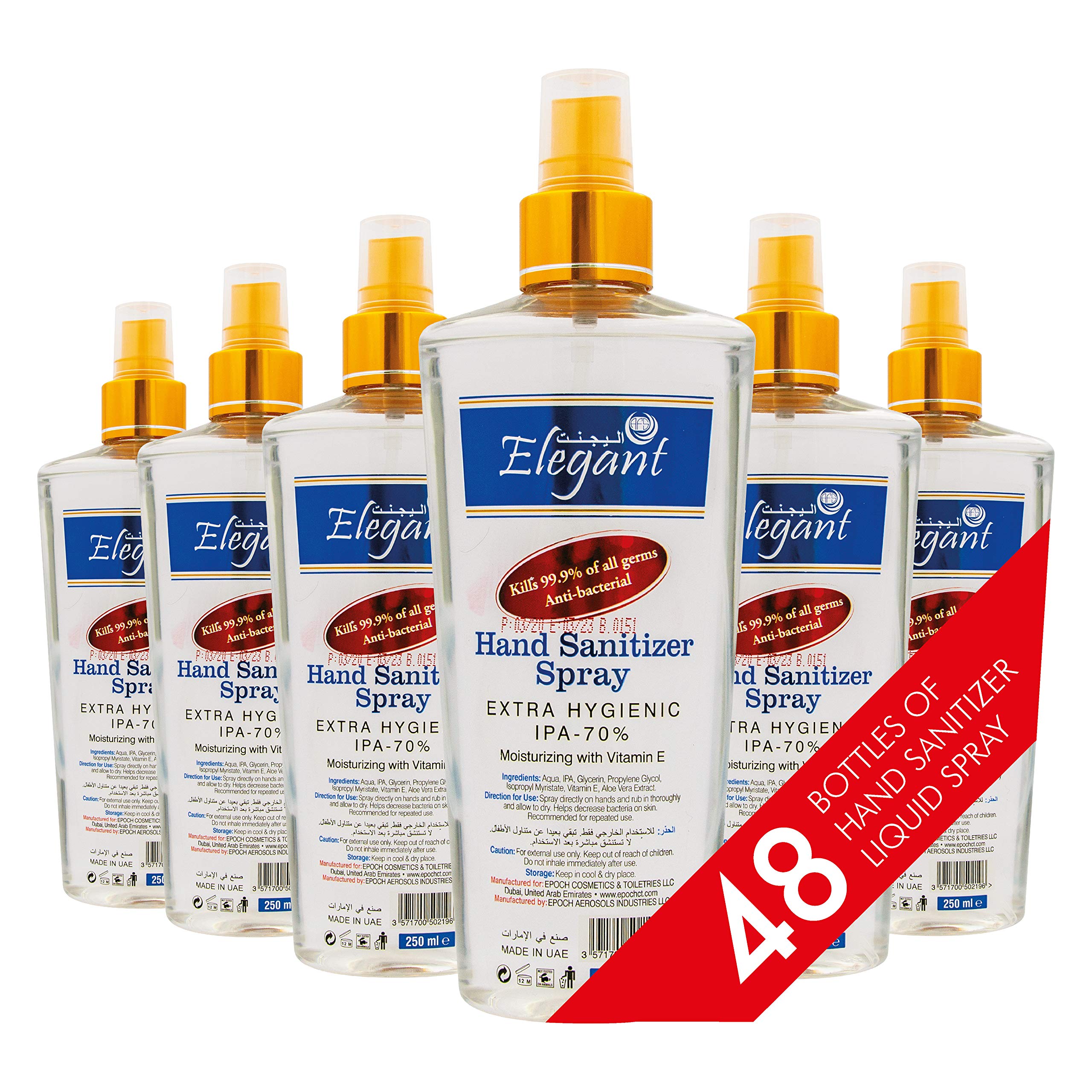 Elegant Hand Sanitizer Spray – 250ml – Pack of 48 – 70% IPA – Advanced Germ Protection – Moisturizers & Vitamin E