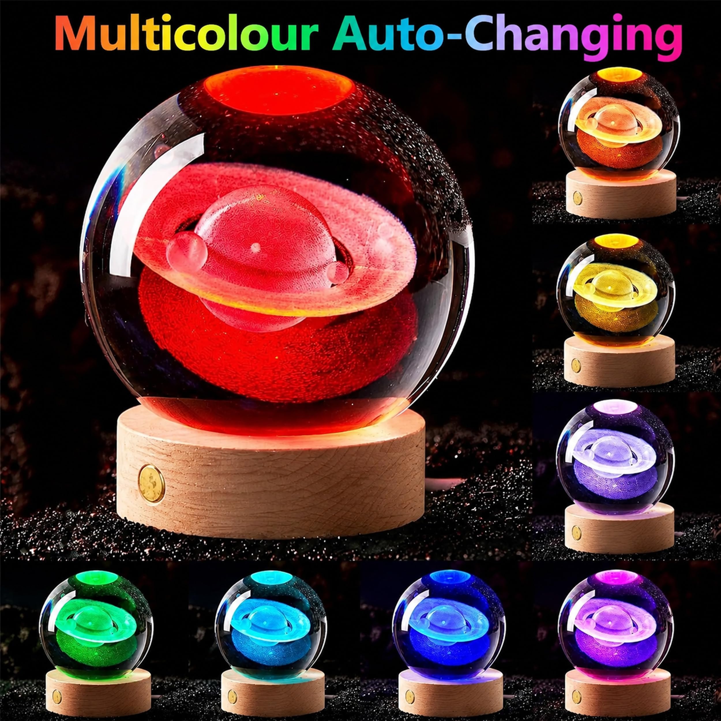 Lampada Sfera di Cristallo Saturno 3D (8cm) – Luce Notturna LED Multicolor con Base in Legno Massello e Batteria Ricaricabile USB, Sfera in Vetro K9 per Decorazioni Casa, Camera e Regalo Astronomia