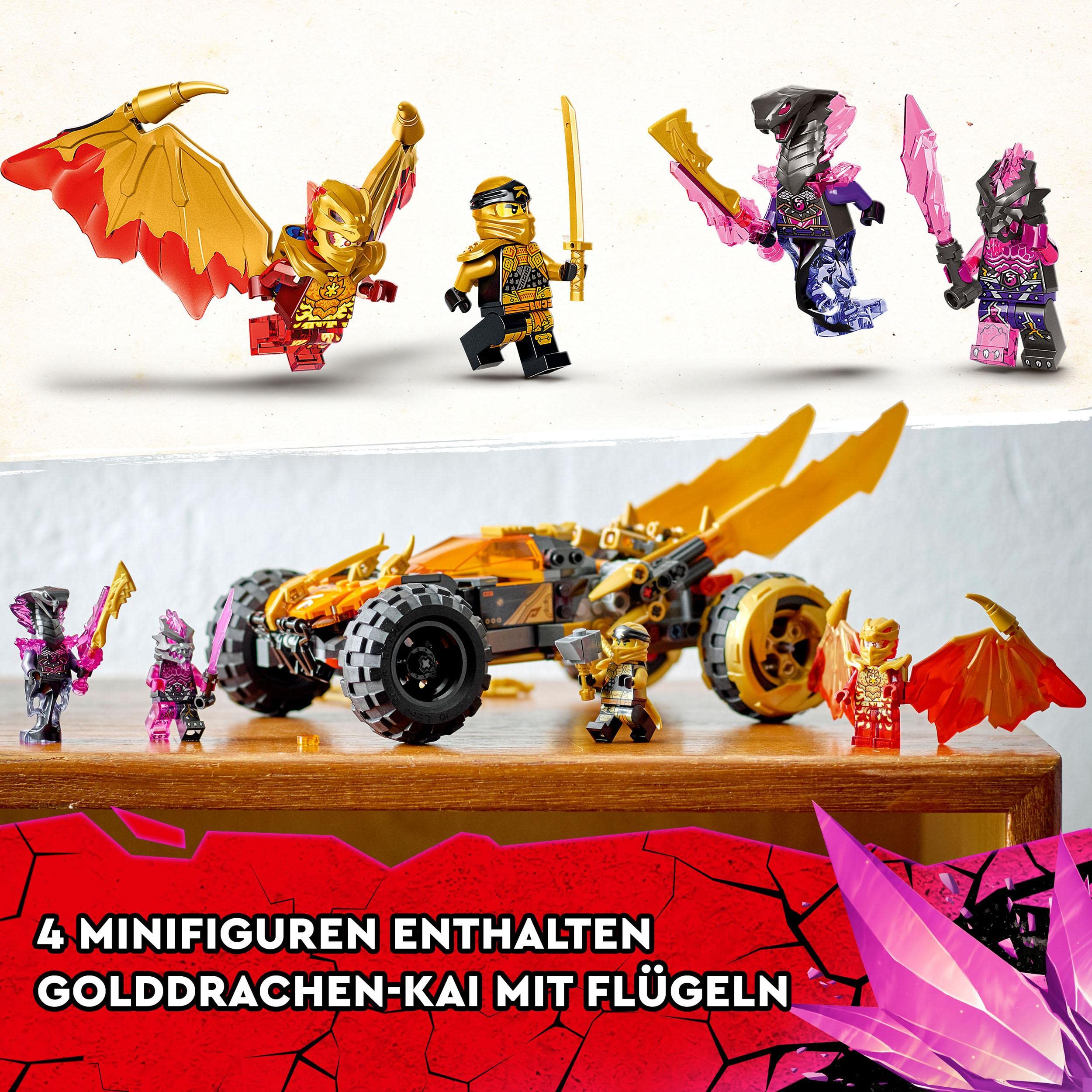 LEGO 71769 NINJAGO Coles Drachen-Flitzer, Ninja-Set für Kinder mit Auto-Spielzeug, Schlangen-Figur und 3 Minifiguren, inkl. Kai und Cole, Geschenk für Fans, Mädchen und Jungen