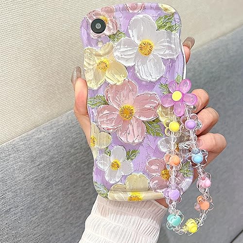 Miniatura 27 de para iPhone 13 Mini Funda rizada ondulada, linda funda protectora de pintura al óleo retro colorida con patrón de flores brillantes [con cadena de