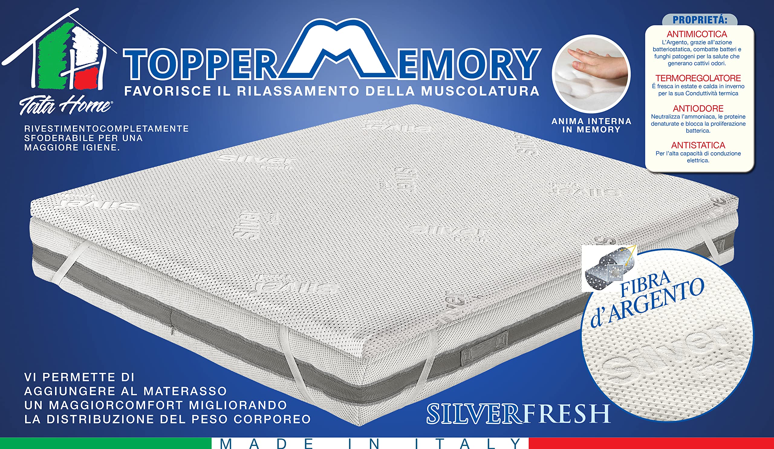 Tata Home Topper Materassino Coprimaterasso in Memory Foam Sfoderabile Correttore per sopra Materasso Matrimoniale 2 piazze 160x190 cm Alto 5 cm in Fibra d’Argento