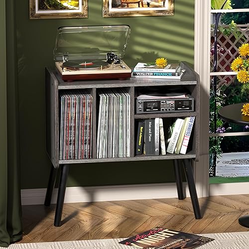 Miniatura 4 de Mesa de tocadiscos, soporte para tocadiscos de mediados de siglo con almacenamiento de vinilo con capacidad para más de 150 álbumes, gabinete de