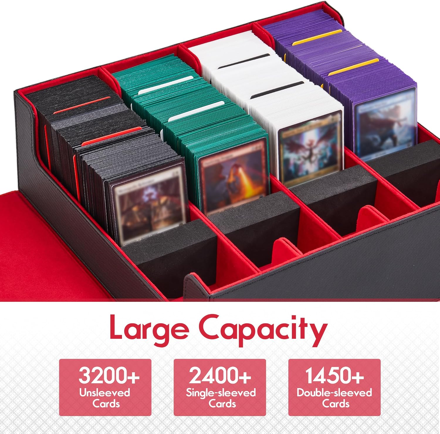 Trading Card Storage Box 2400+,4 Row MTG Deck Box Storage with 32 Card Dividers & 4 Foam Stoppers,MTG Card Case Compatible with Magic,YuGioh Structure Deck,TCG,Sports Cards,Black & Red