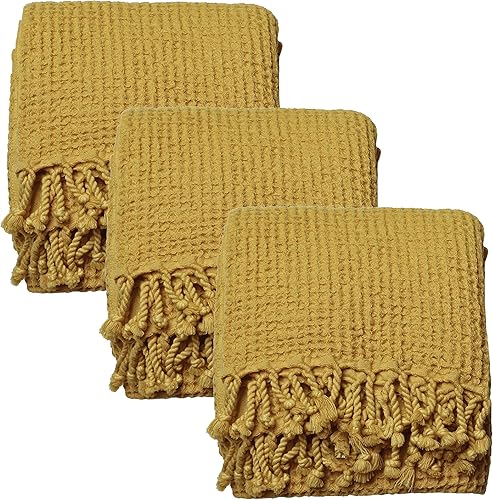 Miniatura 1 de PÜSKÜL - Toallas de baño turcas finas, de algodón orgánico ultra suave, tejido de gofre, 67 x 33 pulgadas, paquete de 3 (amarillo mostaza, 3)