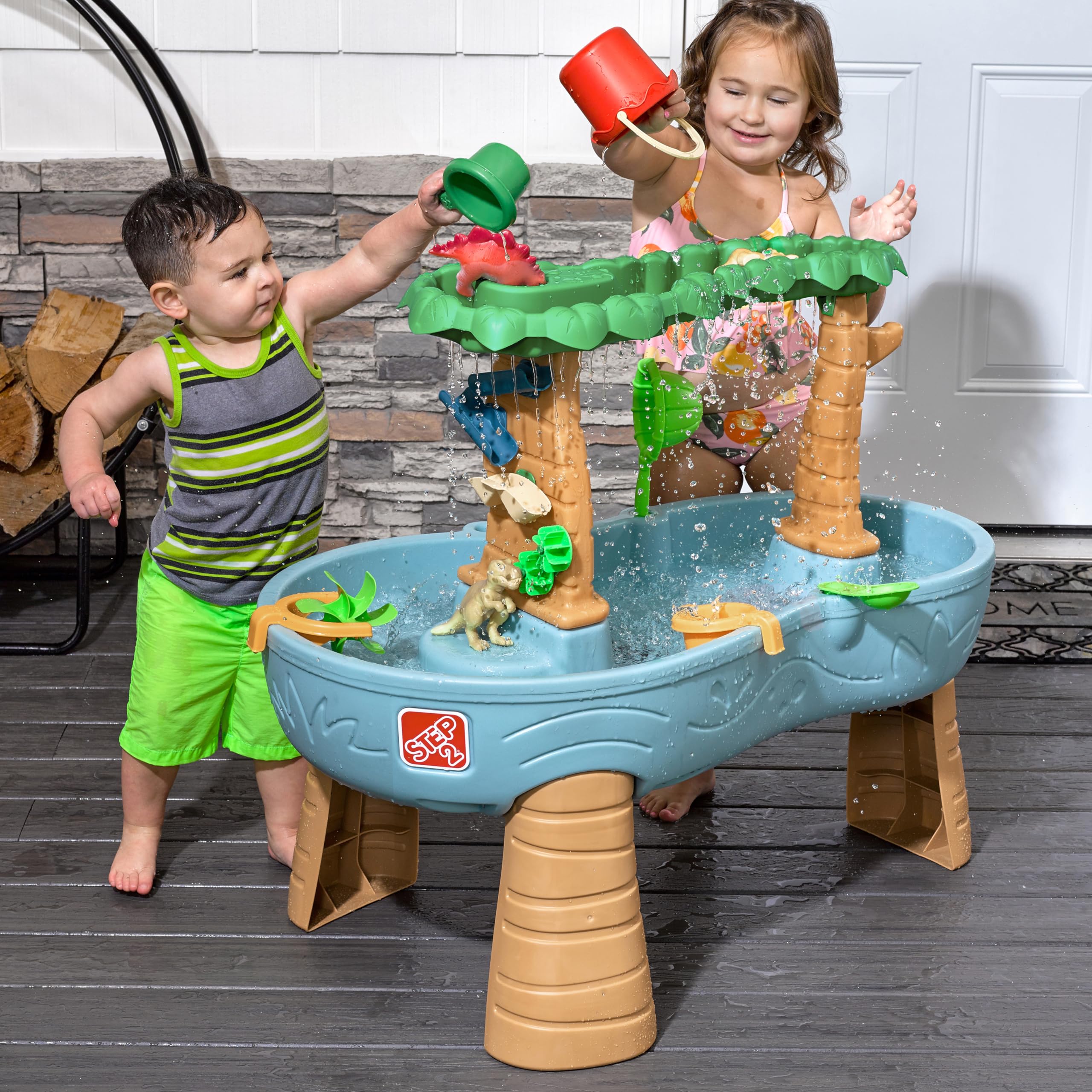 Step2 Dino Showers Mesa de Agua y Arena con 13 Accesorios, Azul y Marron, Juegos de Agua para ninos