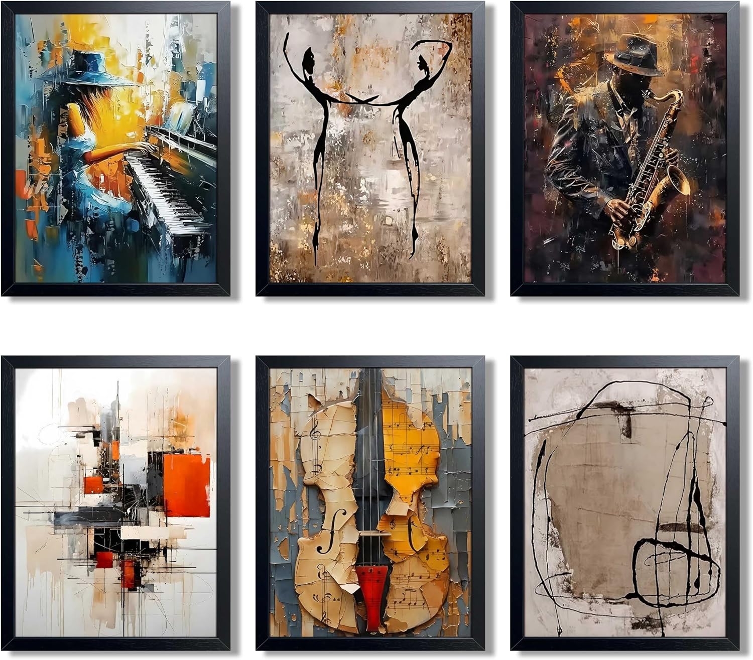 Modern Abstract Music Wall Art Set of 6, Unframed Canvas Posters Prints, Jazz Musician Piano Violin Abstract Painting Artwork, Contemporary Colorful Wall Decor for Living Room Bedroom Office 12x16 Inch