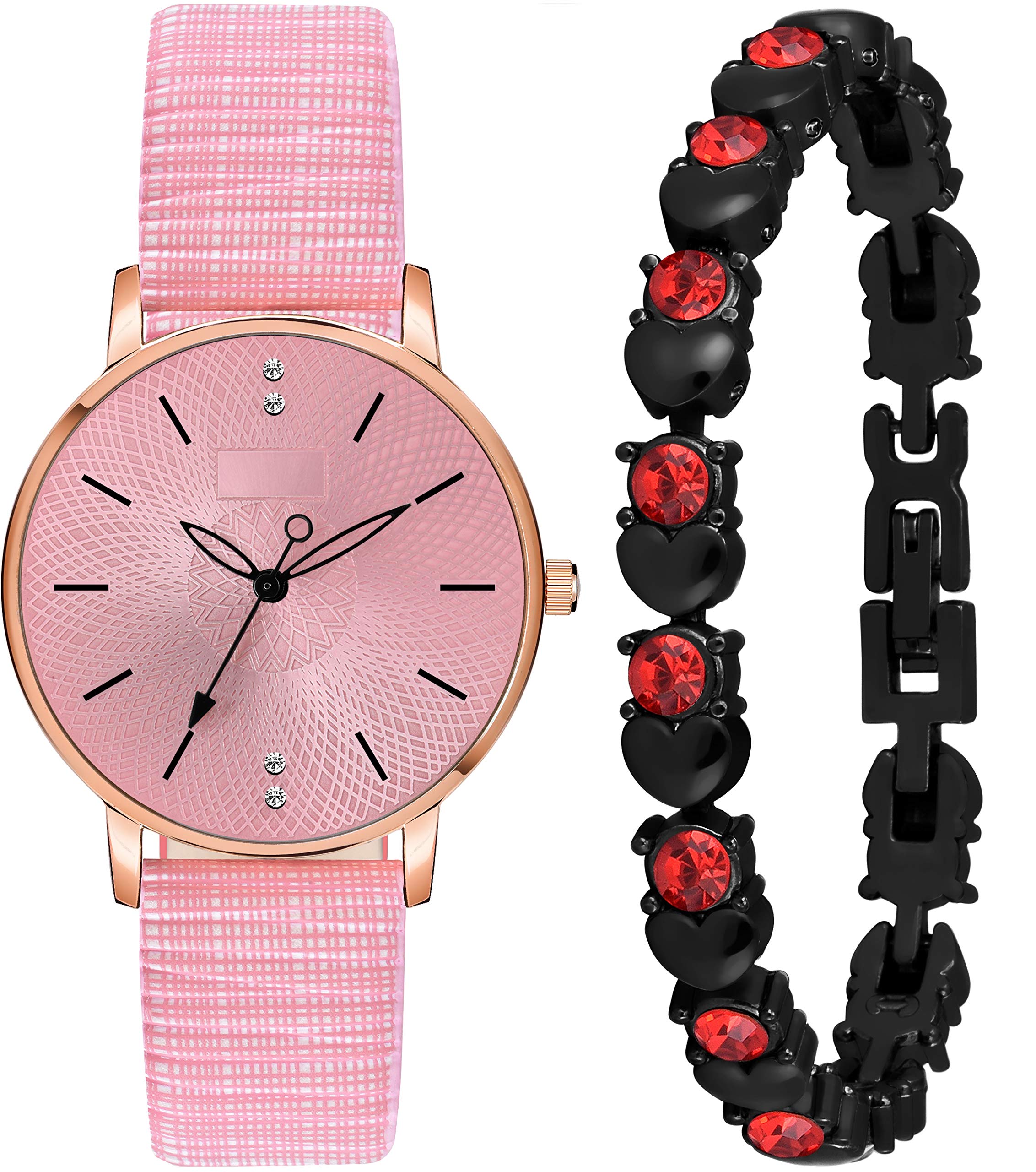 Shivark Analogue Watch with Black Dot Bracelet For Women and Girls Leather Strap (Combo - Pack of 2) | Watches for Women and Girls | 4 Diamond Studded Dial Watch | Unique Bracelet Leather Watch (Pink) (B0927PBP67) Amazon Price History, Amazon Price Tracker