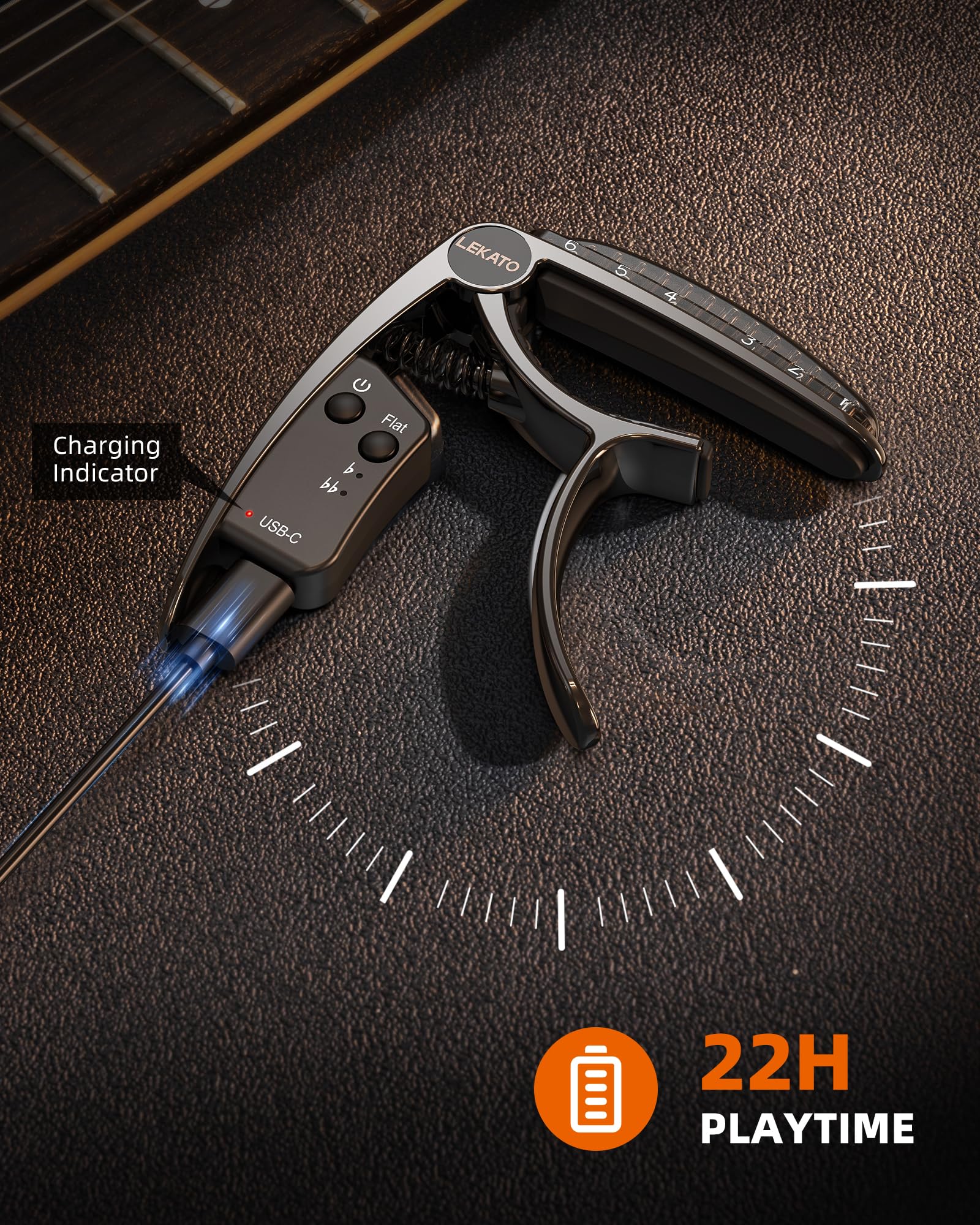 LEKATO Capo-Tuner 2 en 1 para guitarra de 6 cuerdas con batería recargable USB, pantalla LED de iluminación de borde, afinador cromático de guitarra