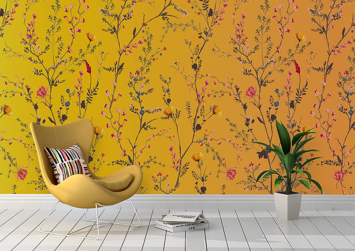 Botanical Flower Garden with Yellow Orange Background Wall Mural. Blossom Flower Decor. Peel and Stick Wallpaper. #6355 (9ft Tall X 12ft Wide)
