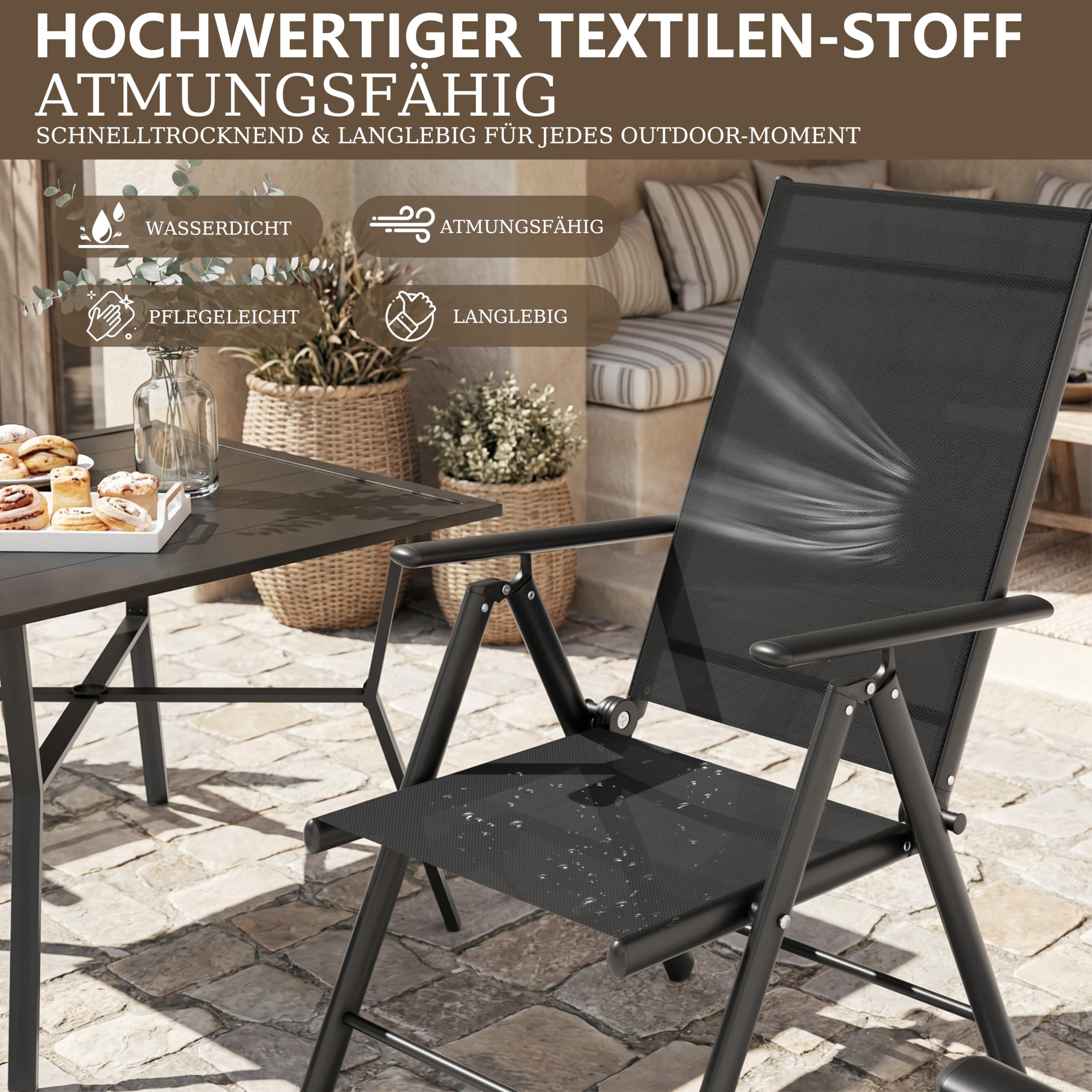 ALAULM Klappbare Gartenstühle 4er-Set, 7-stufig verstellbare Hochlehne & Armlehnen, wetterfestes Textilene, Terrasse Garten Balkon (Schwarz)