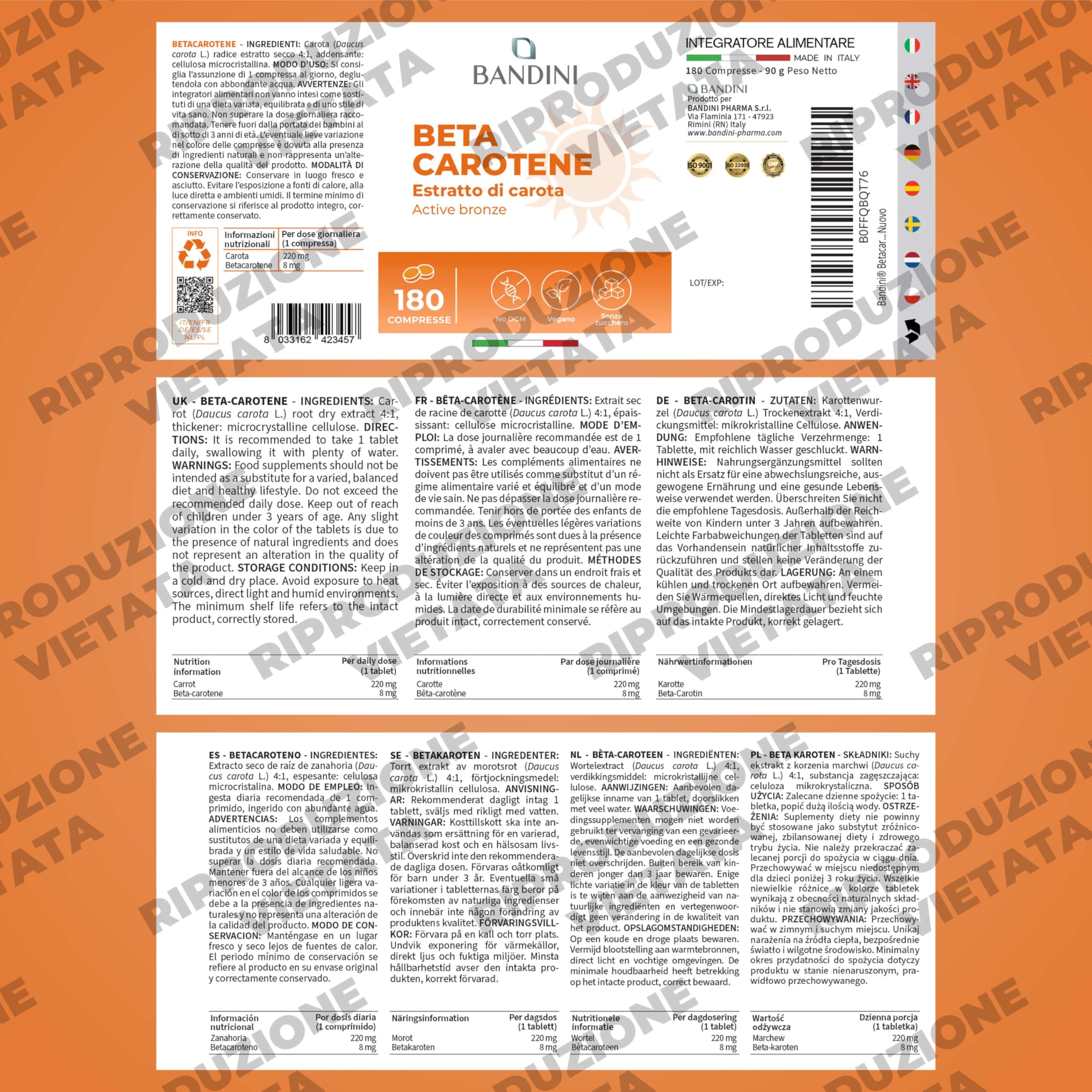 Bandini® Betacarotene | Integratore per Abbronzatura Forte Intensa e Pelle Radiosa | 180 Compresse | Apporto di Vitamina A per un Colorito Luminoso Tutto l’Anno | Sistema Immunitario