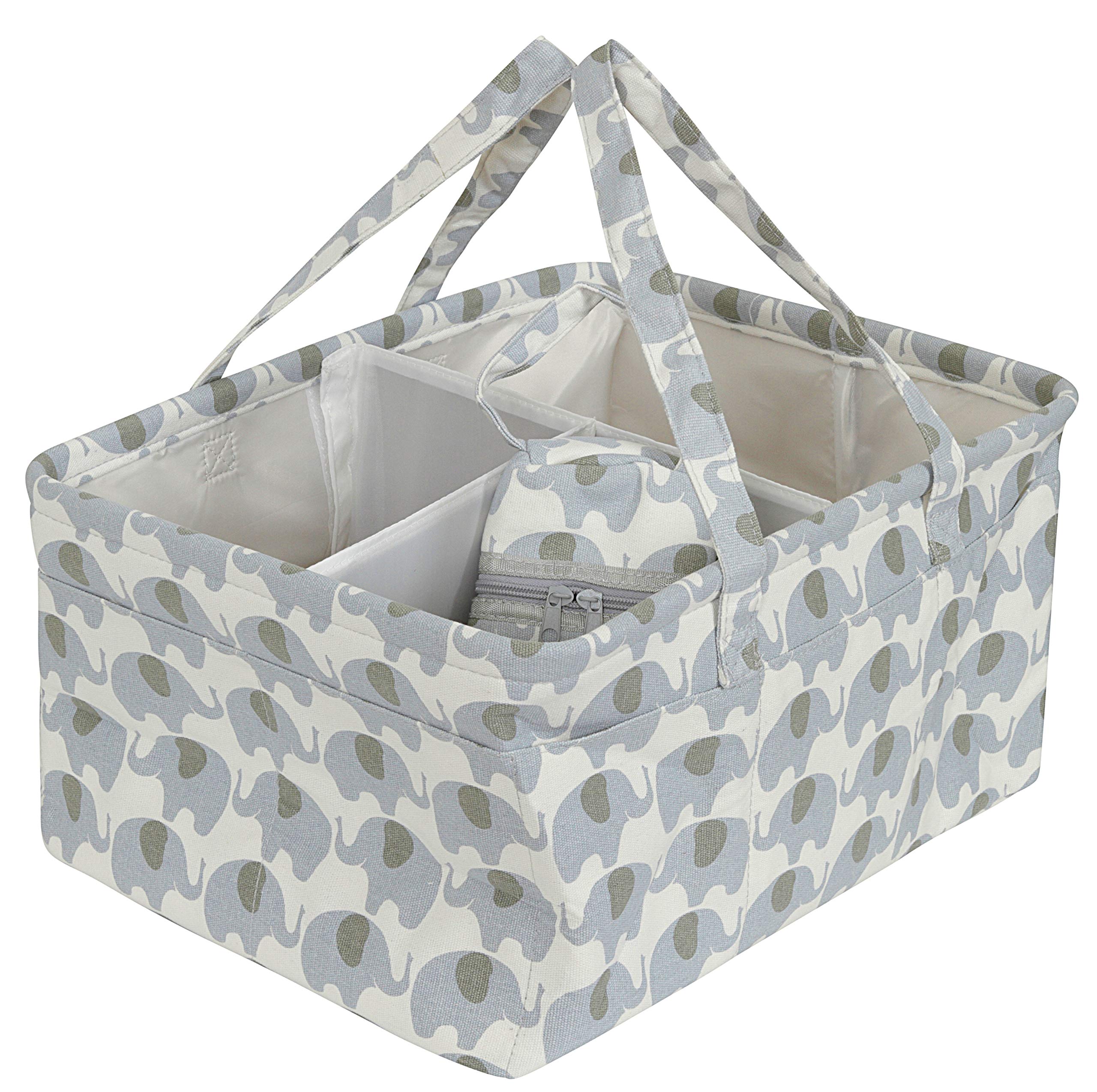 Babycurls Grey Elephants Portable Baby Nappy Diaper Organiser Caddy Xl With Carry Handles & Bottle Warmer 3 Large Compartments 10 Side Pockets For Wipes & Nappy Sacks (Grey Elephants)