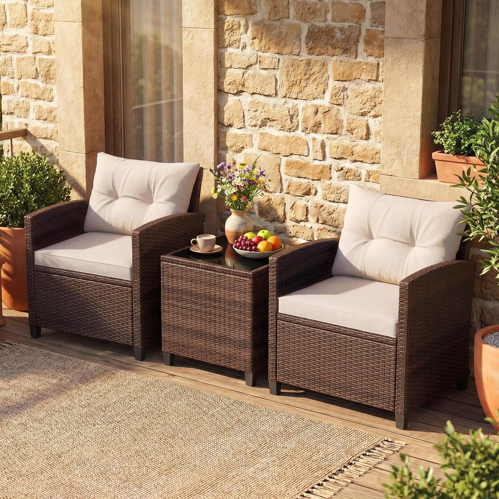 GIANTEX Rattan Gartenmöbel Set, Balkonmöbel Kleiner Balkon, Lounge Gartenmöbel Set, Balkon Möbel für 2 Personen, Gartenlounge Set 2 Sessel & Tisch, 3 tlg. Gartensitzgruppe inkl. Sitz- und Rückenkissen