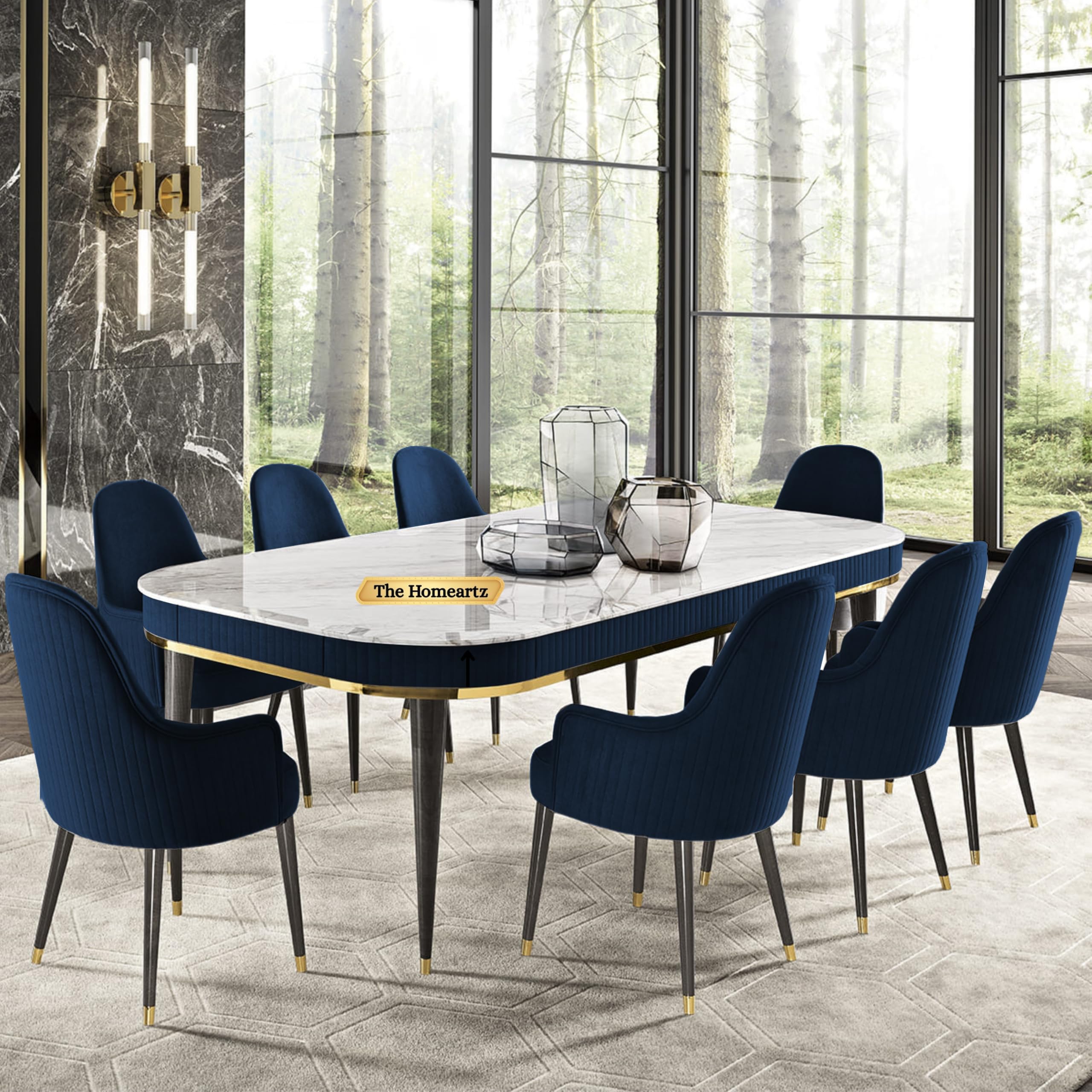 The Homeartz 8-Seater Modern Wooden Dining Table Set | 2 Year Warranty | Created Italian Statuario Marble Top | Elegant Composite Marble Table with 8 Chairs (Navy Blue)