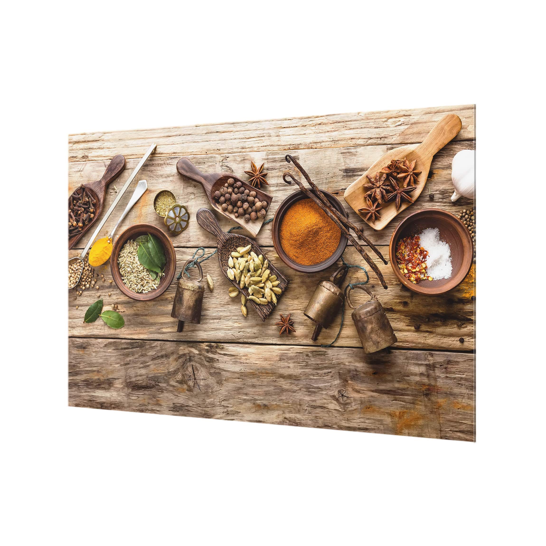 Fond de hotte avec support épaisseur 4mm culinaire crédence cuisine épices et herbes verre trempé panneau mural marron crédence en verre effet bois style oriental cuisine 1661 (90x59cm)