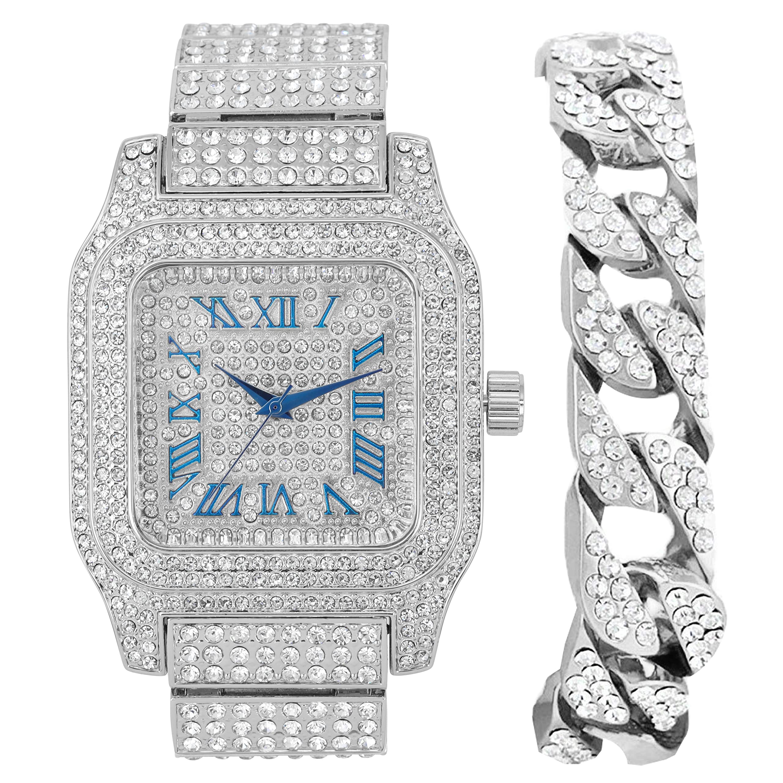 Charles Raymond Bling-ed Out Biggie Square Hip Hop Iced Out Watch You Will Hypnotize in a Crystal Watch - 0513Sq, Silver Blue R# Cuban, 8 inches, 0513Sq (Silver Blue R# Cuban) (B0B3BT57BG) Amazon Price History, Amazon Price Tracker