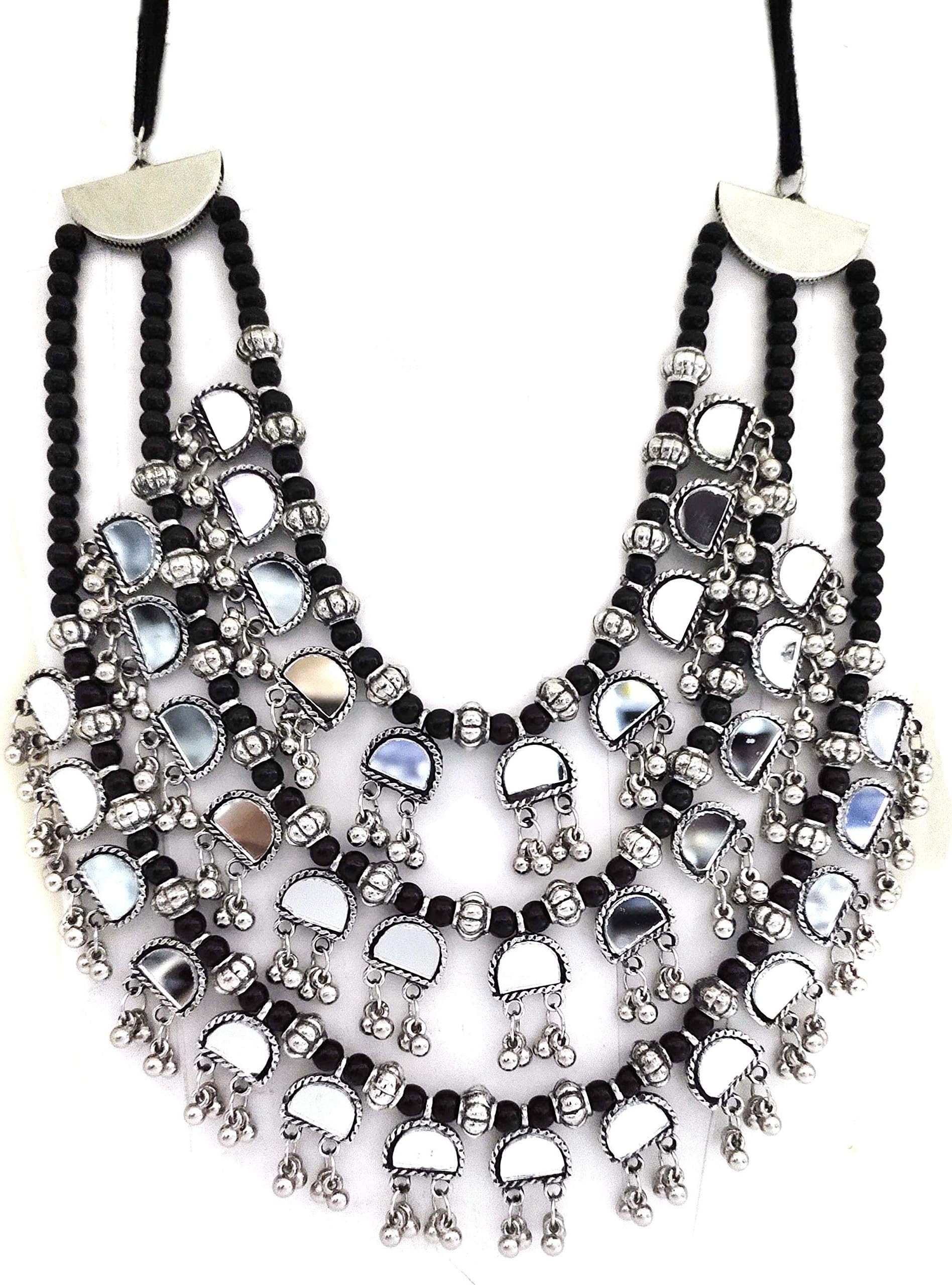 Total FashionLatest Stylish Boho Trible Silver Oxidised Mirror Choker Necklace Jewellery Set Women for Girls