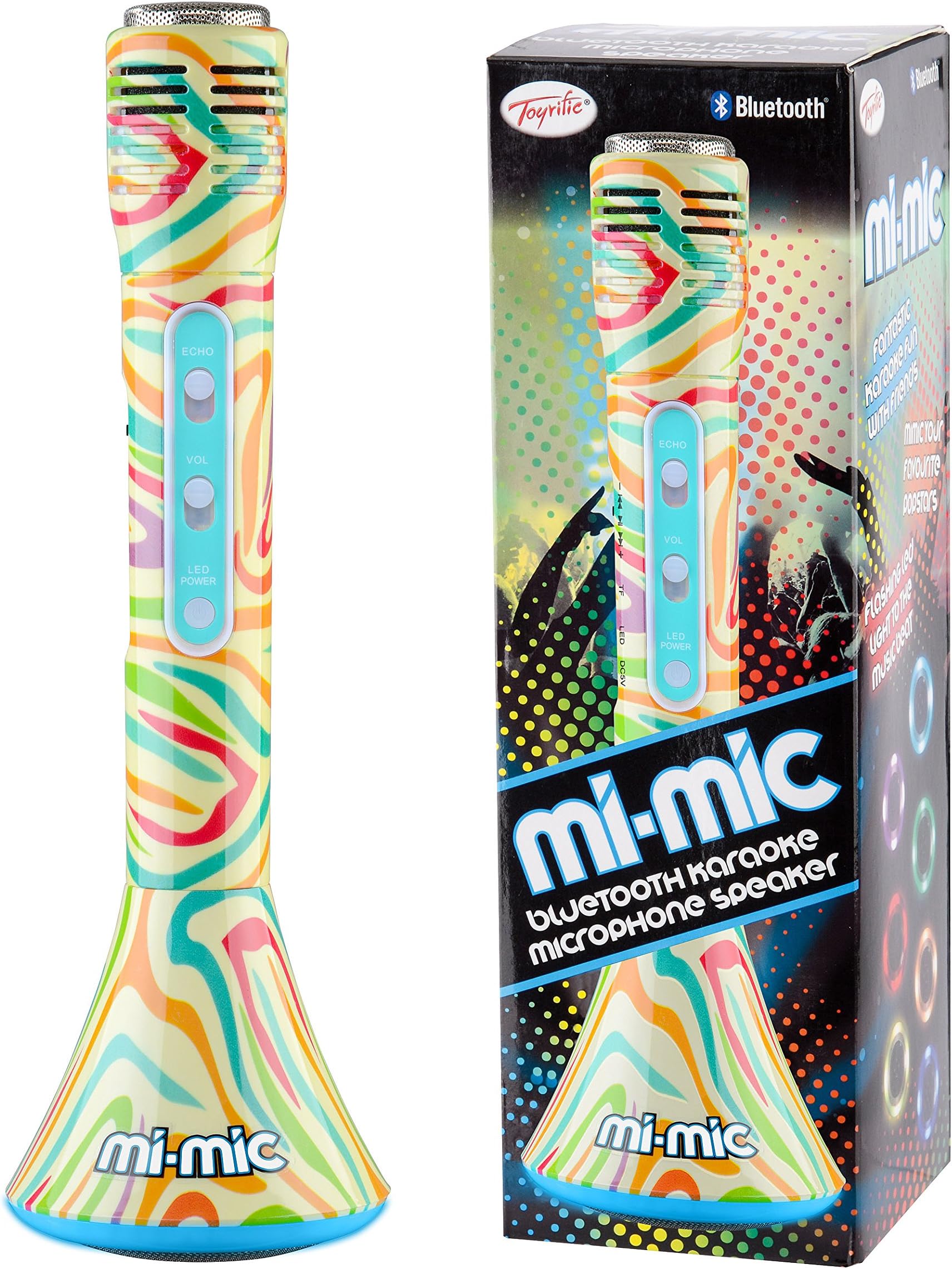 Mi-Mic Kids Karaoke Microphone Speaker with Wireless Bluetooth and LED Lights, Zebra