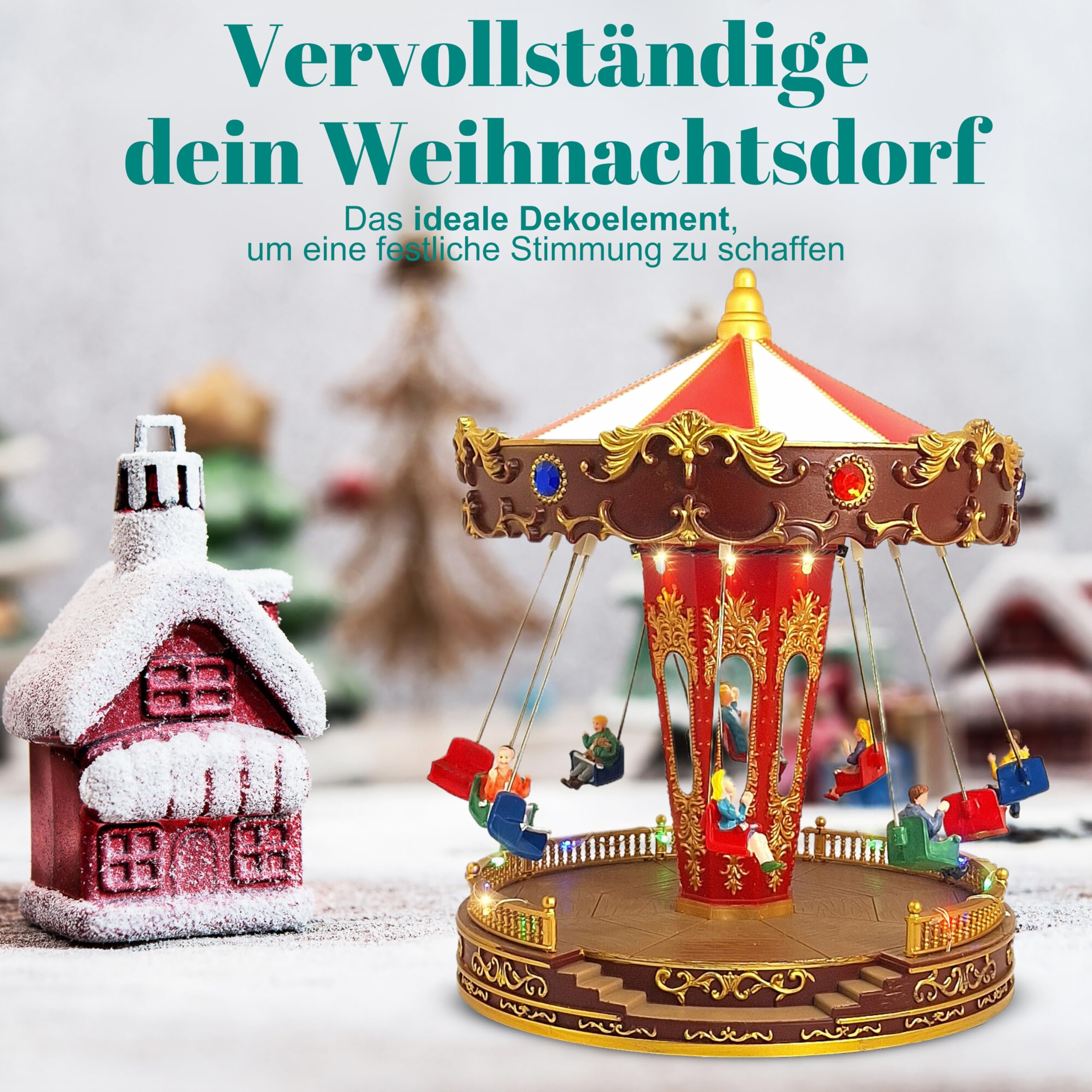TIN Dreams | Weihnachtskarussell mit Bewegung, Musik und LED-Beleuchtung | Musikalisches Kettenkarussell | Weihnachtsdorf, Miniatur-Villa, Weihnachtslandschaft mit Beleuchtung | Weihnachtsdeko Innen