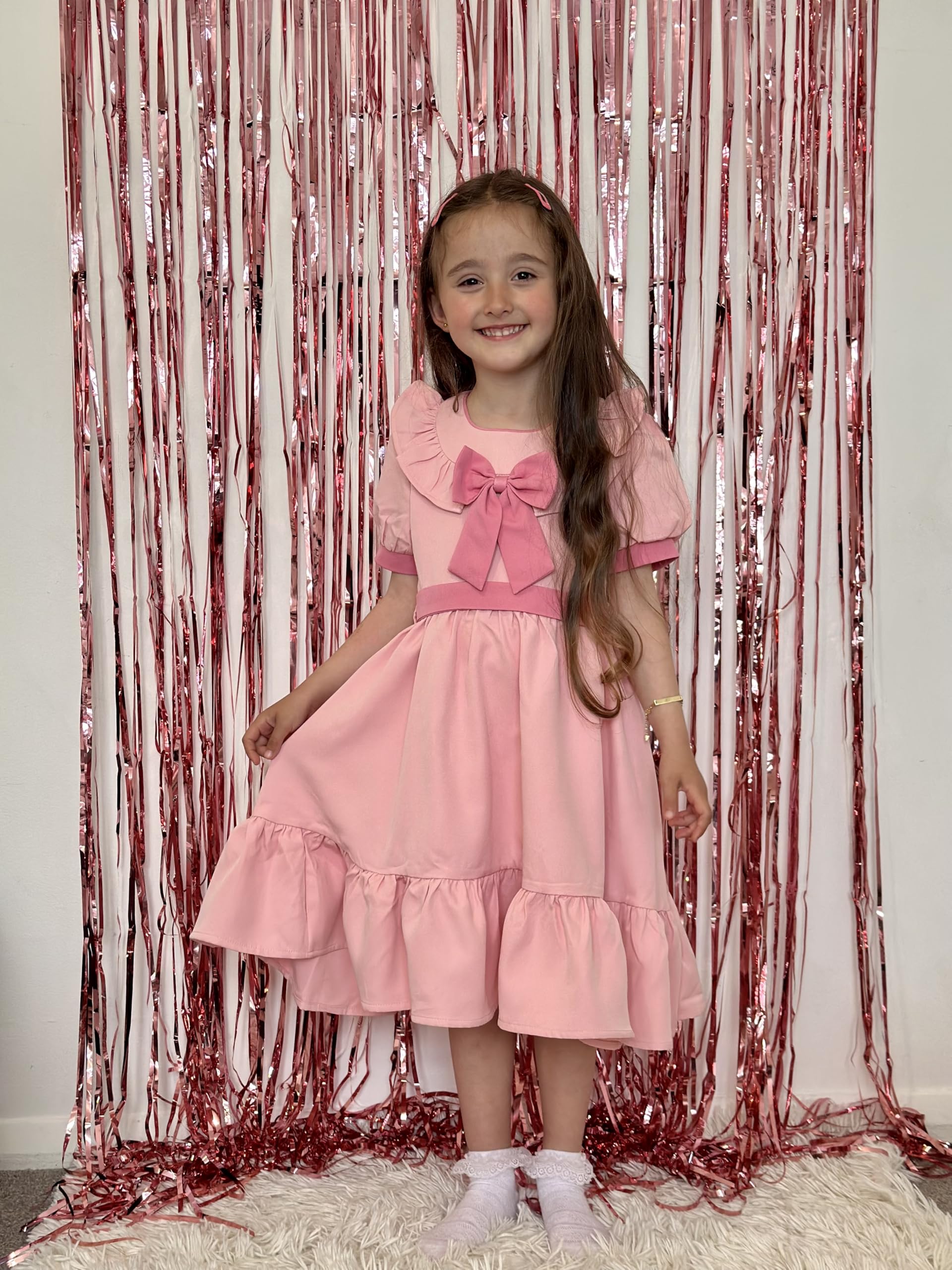ABEHIK Vestito estivo da principessa con fiocco, maniche a sbuffo, abito da bambina, lunghezza al ginocchio, abito casual per scuola per 5-12 anni