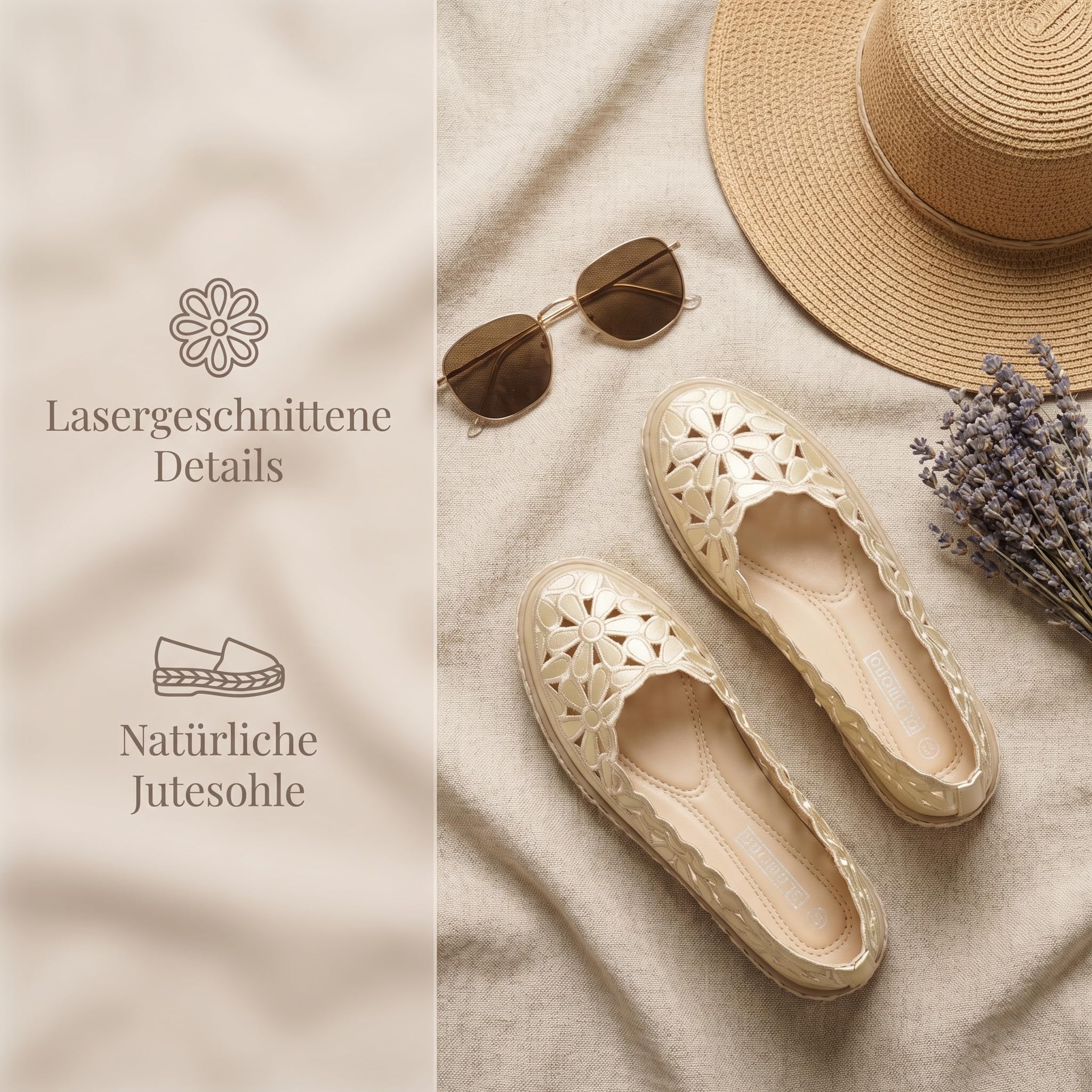 GLAMORA Damen Espadrilles mit Blumenausschnitt, Atmungsaktive Sommer Ballerinas, Bequeme Flache Schuhe für Freizeit und Alltag