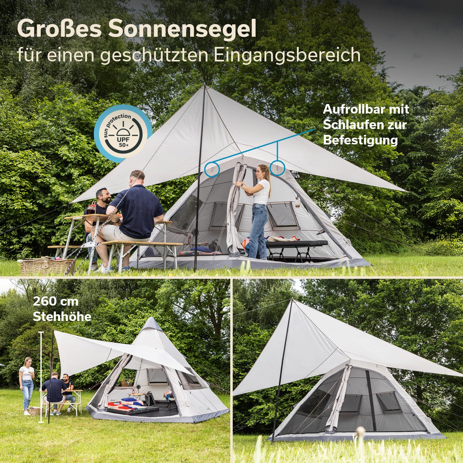 Skandika Luftzelt Tipi Hetta 460 Air Protect | Aufblasbares Familienzelt für 6 Personen, 2,95 m Stehhöhe, 3000 mm Wassersäule, eingenähter Zeltboden, UV 50+ | Campingzelt, Festivalzelt, Indianerzelt