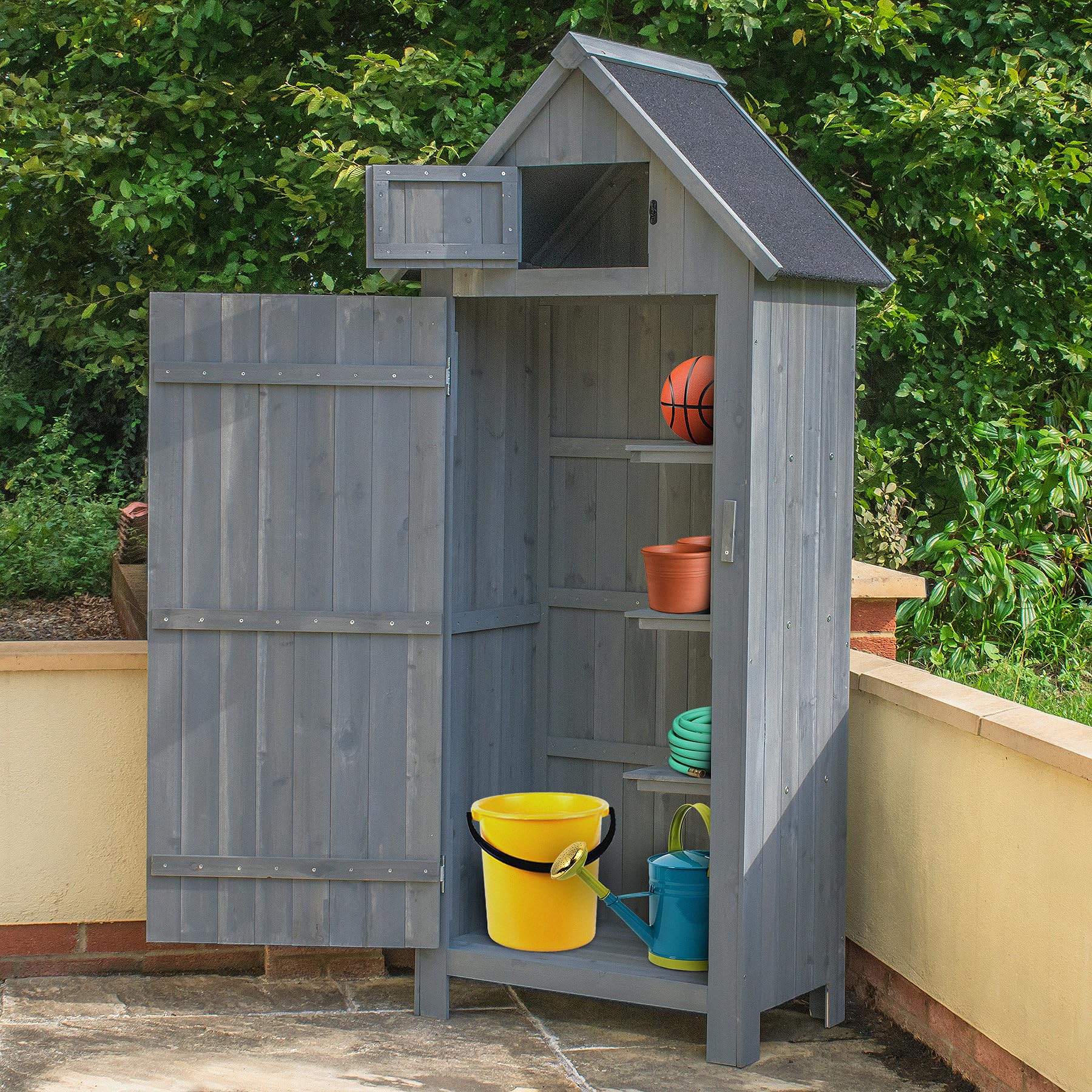 KCT Apex Garden Storage Cupboard Shed in Grey Wood Stain Wooden Tool Cabinet