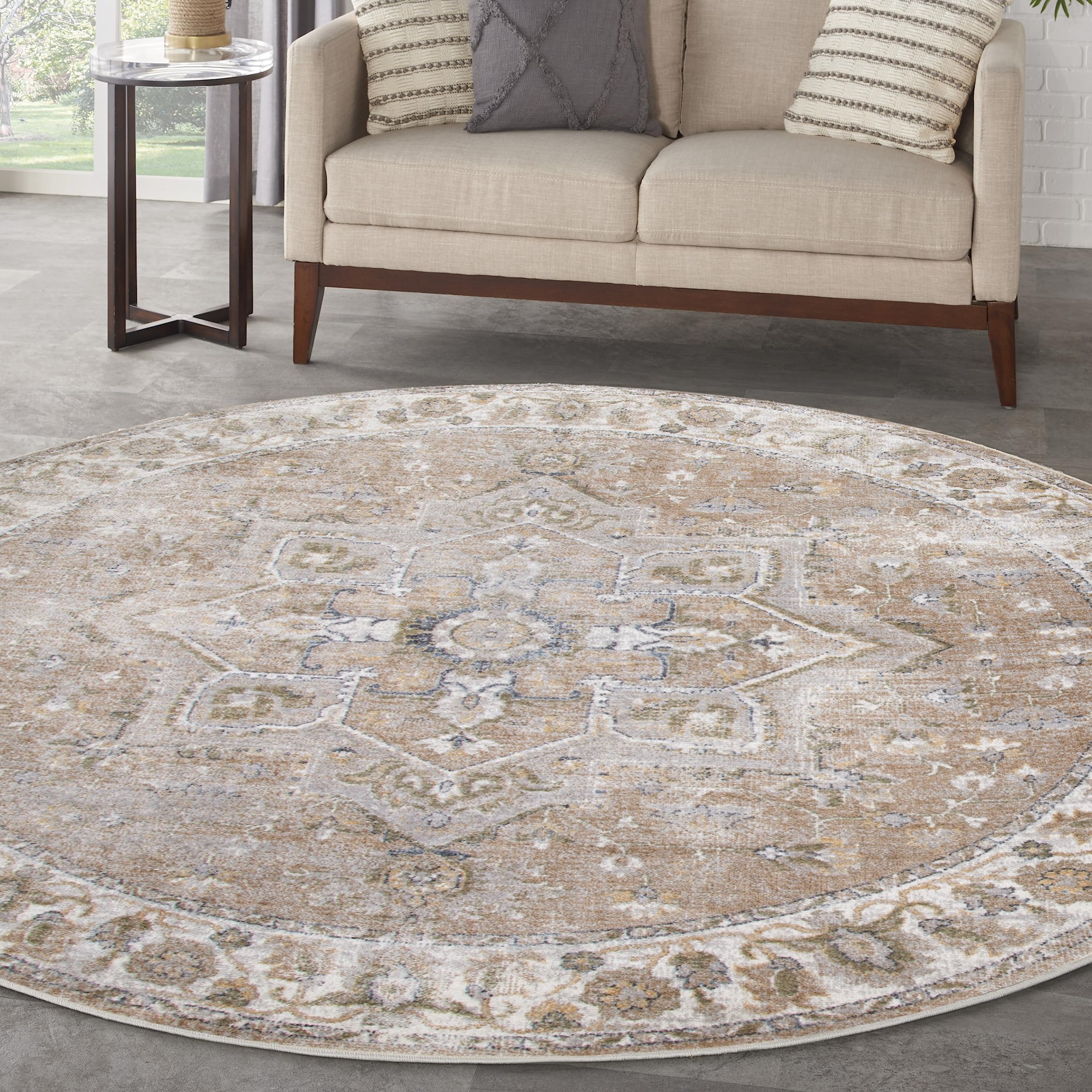 Nourison Home Astra Machine Washable Beige 7'10" x Round Area Rug - Easy Clean, Non Shedding, Bed Room, Living Room, Dining Room, Kitchen (8' x Round)