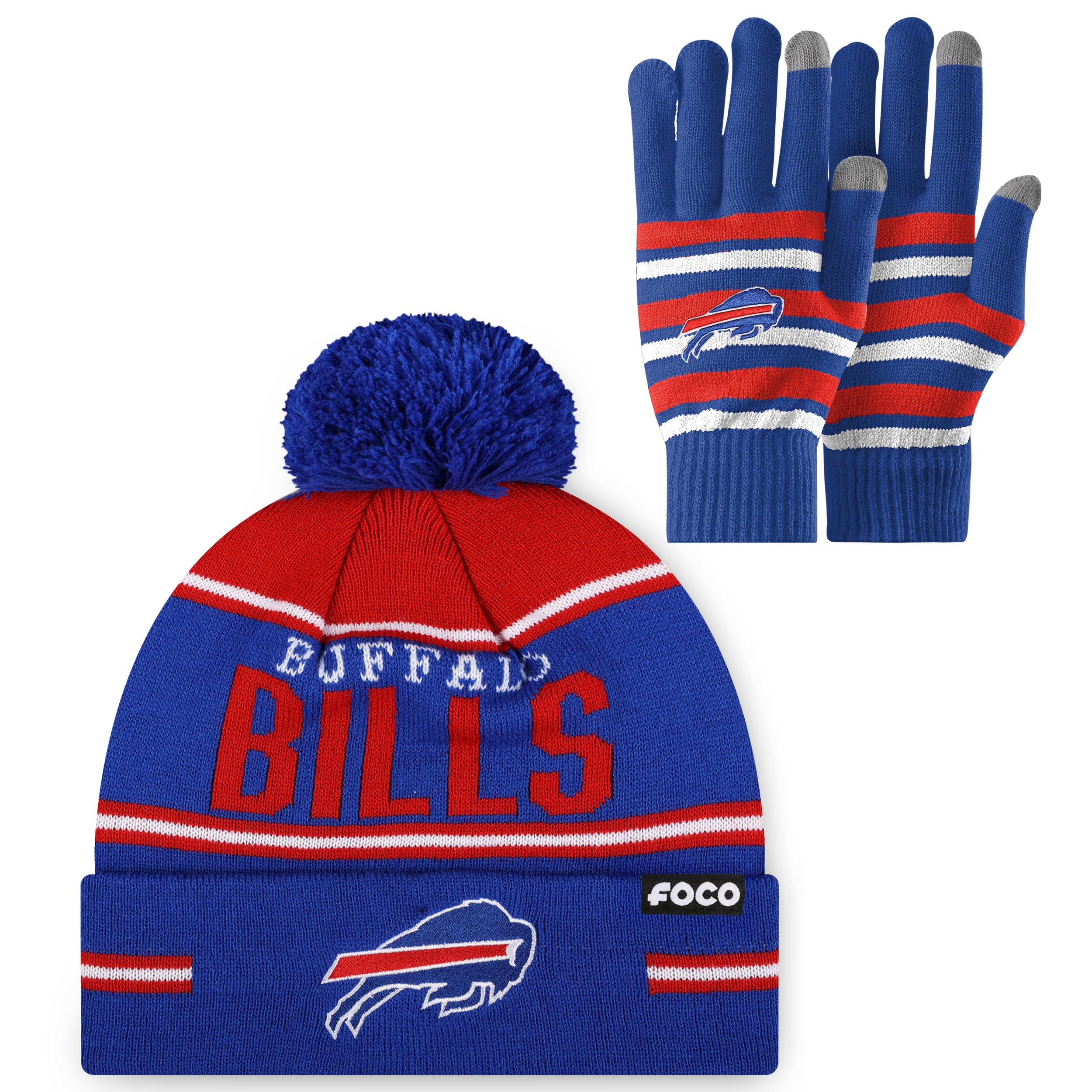 FOCO NFL unisex-adult Nfl Team Logo Adult Stretch Gloves With Big Wordmark Strip Pom Knit Hat Beanie Set
