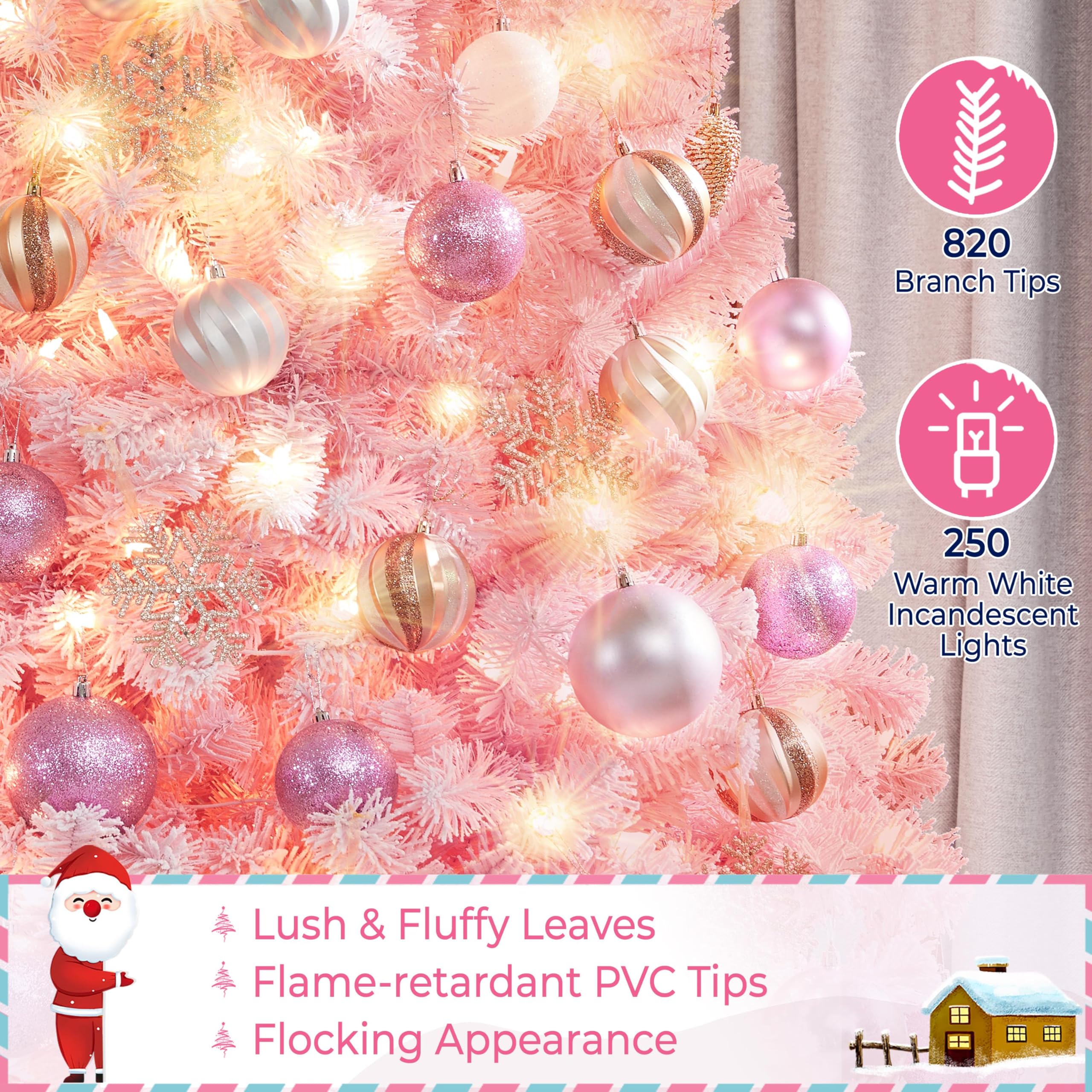 Yaheetech 6ft Pre-lit Artificial Christmas Tree with 250 Incandescent Warm White Lights, Snow Flocked Full Prelighted Xmas Tree with 820 Branch Tips & Foldable Stand, Pink Gradient