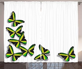 Ambesonne Jamaican Curtains, Buterflies Flag Motifs Caribbean Animal Illustration Rasta Culture Print, Living Room Bedroom Window Drapes 2 Panel Set, 108" X 84", Green Black Yellow