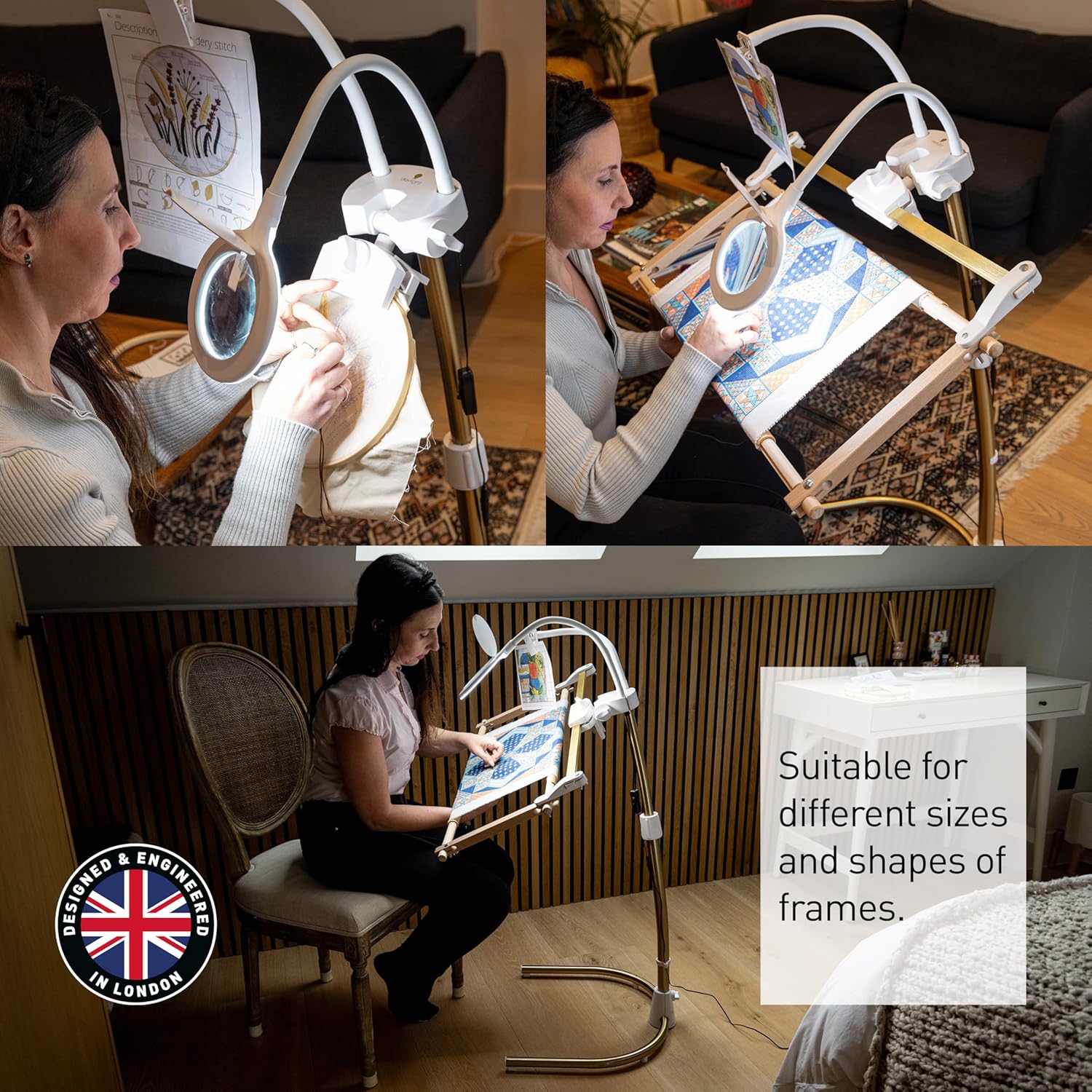 Woman using the Stitchsmart Stand 2 with a large embroidery frame