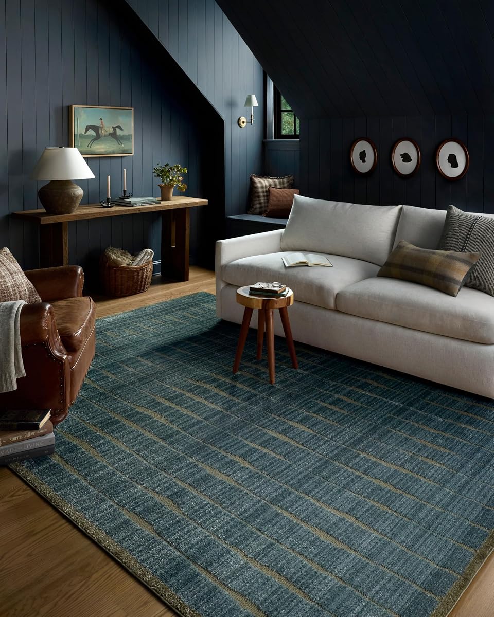 Loloi Chris Loves Julia Calvin Ocean/Olive 5'-3" x 5'-3" Round Area Rug | CLV-02 Approx. 5' Round Blue Living room Dining room Bedroom, Contemporary, Geometric, Neutral, Area Rug