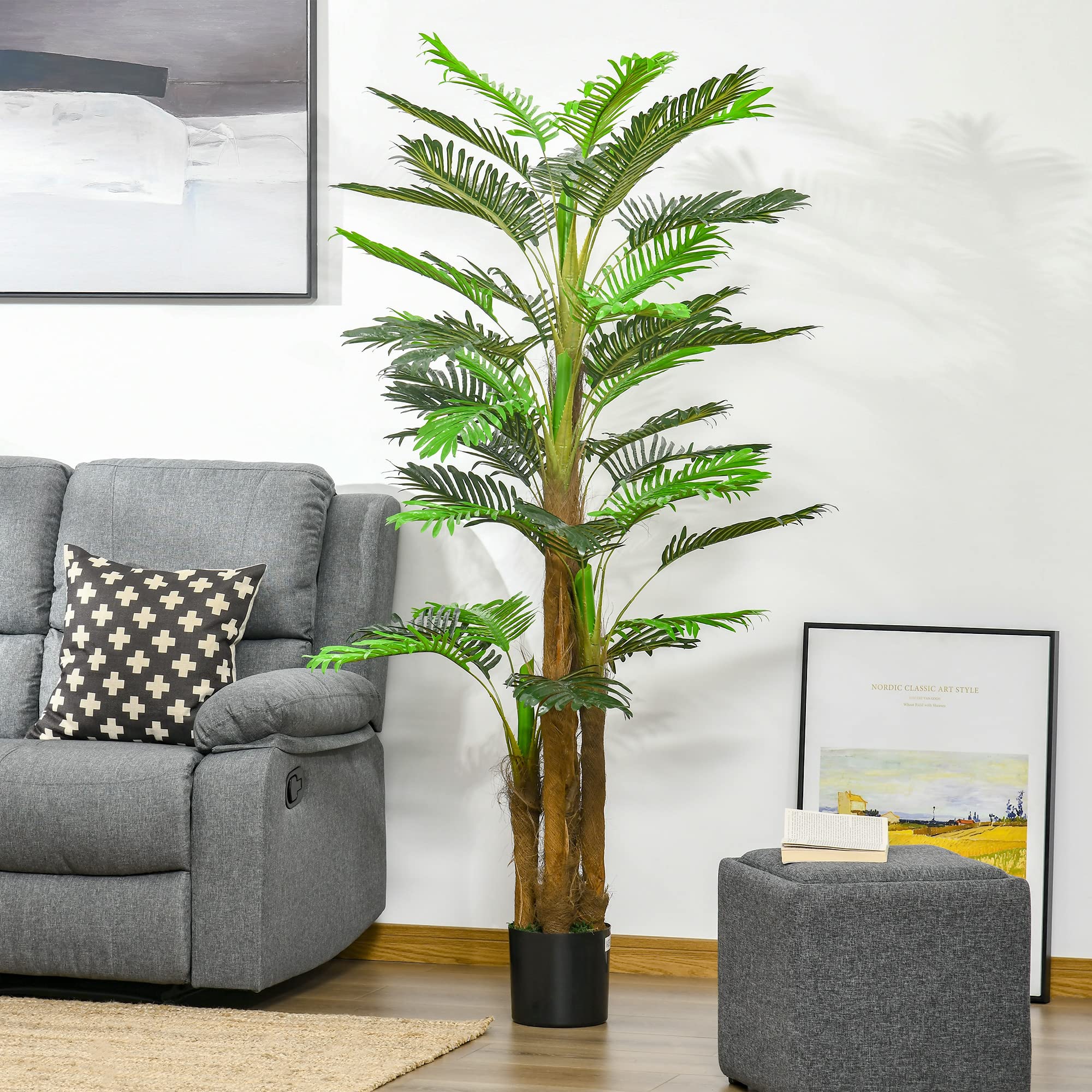 Outsunny Palmier Artificiel H.1,85 m Arbre Artificiel Tronc Branches Lichen Feuilles Grand réalisme Pot Inclus