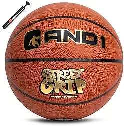 AND1 Street Grip Conjunto de bola de basquete e bomba de couro composto premium - tamanho oficial 7 (75 cm), streetball, feito para jogos de basquete internos e externos