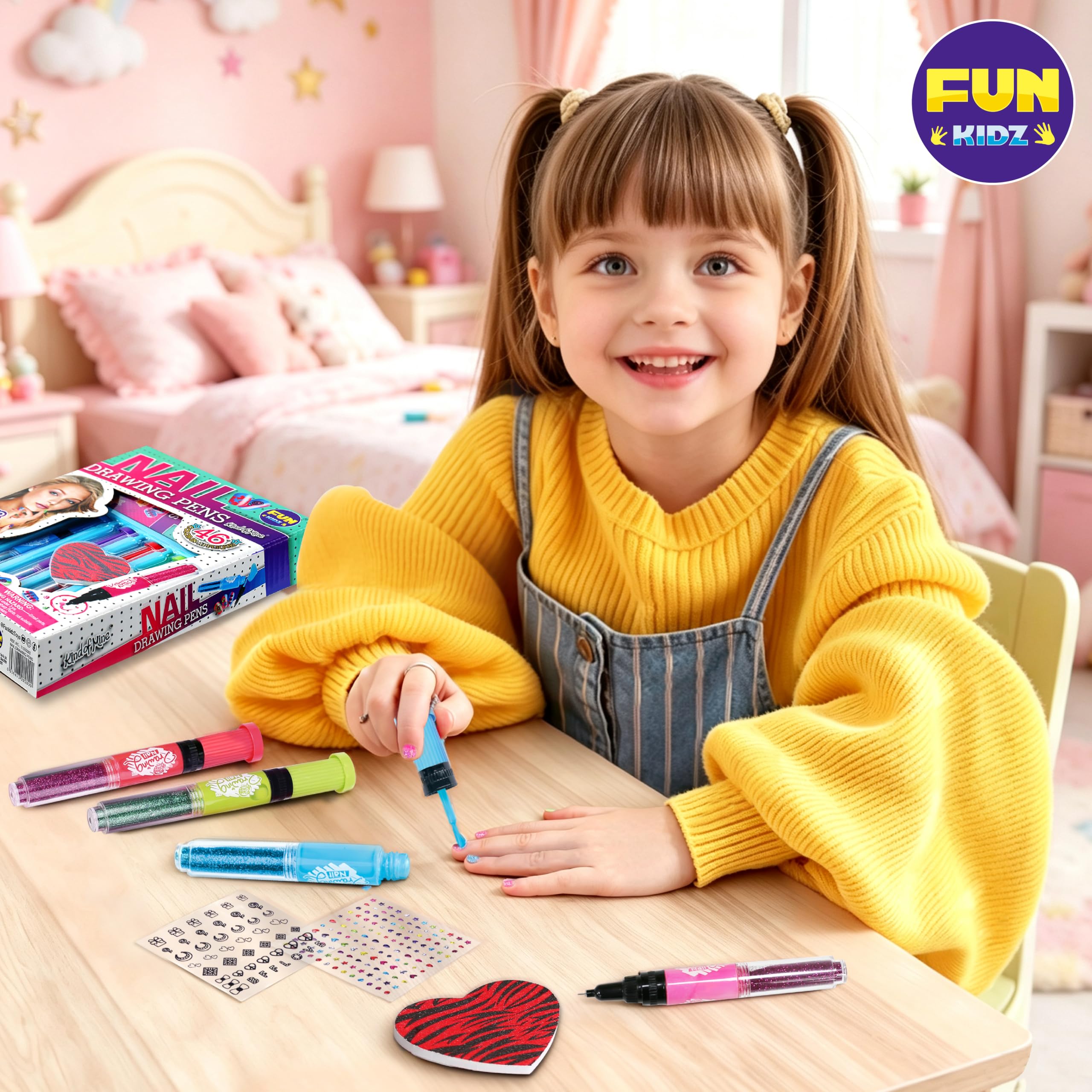 FunKidz - Juego de esmaltes de uñas para niños con 3 en 1 para esmaltes de uñas con purpurina y accesorios de decoración pegajosa