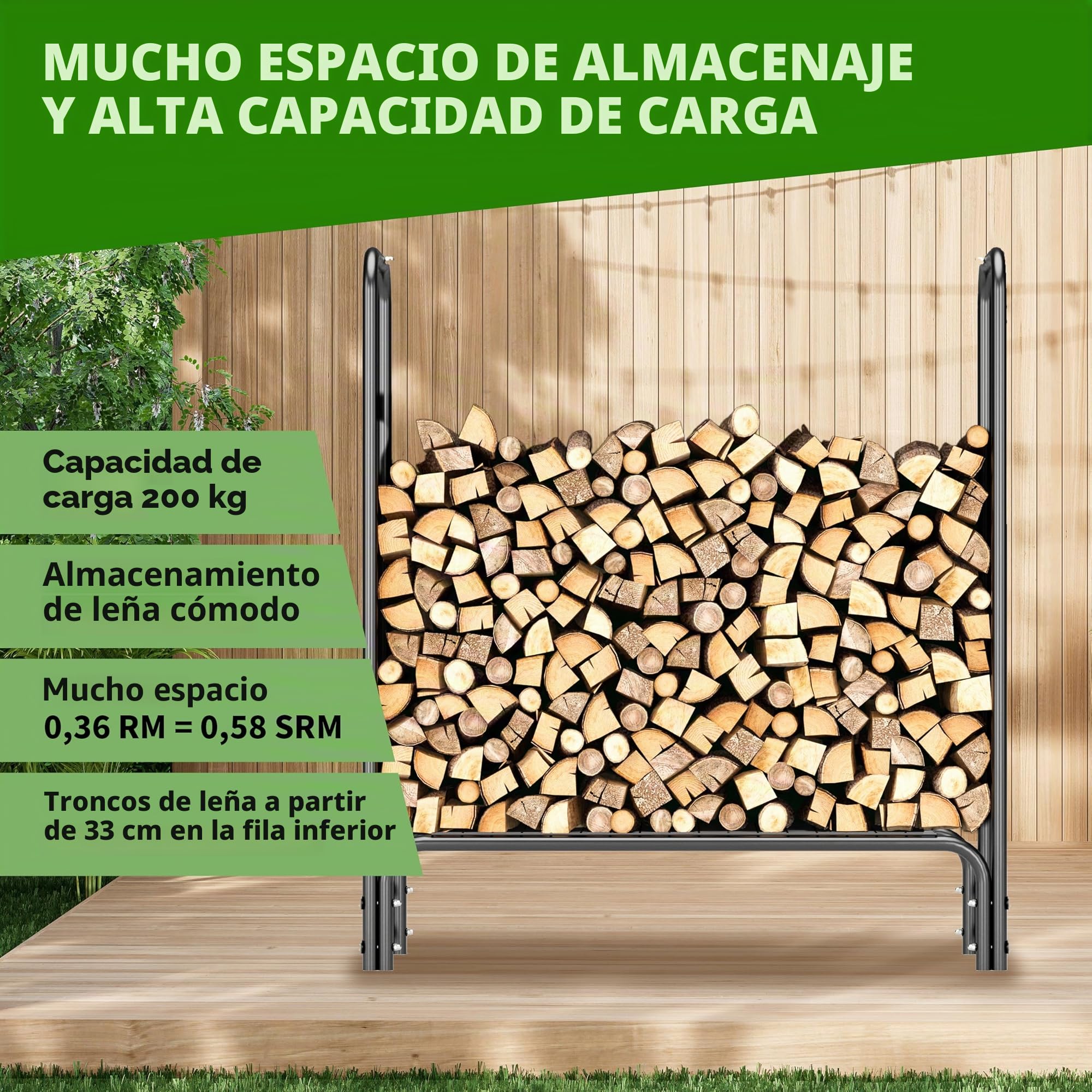 TTL Commerce Garden Estantería para leña S 100 x 36 x 116 cm negro con cubierta, para interior y exterior, hasta 200 kg, lona de protección resistente a la intemperie, marco tubular de metal de acero