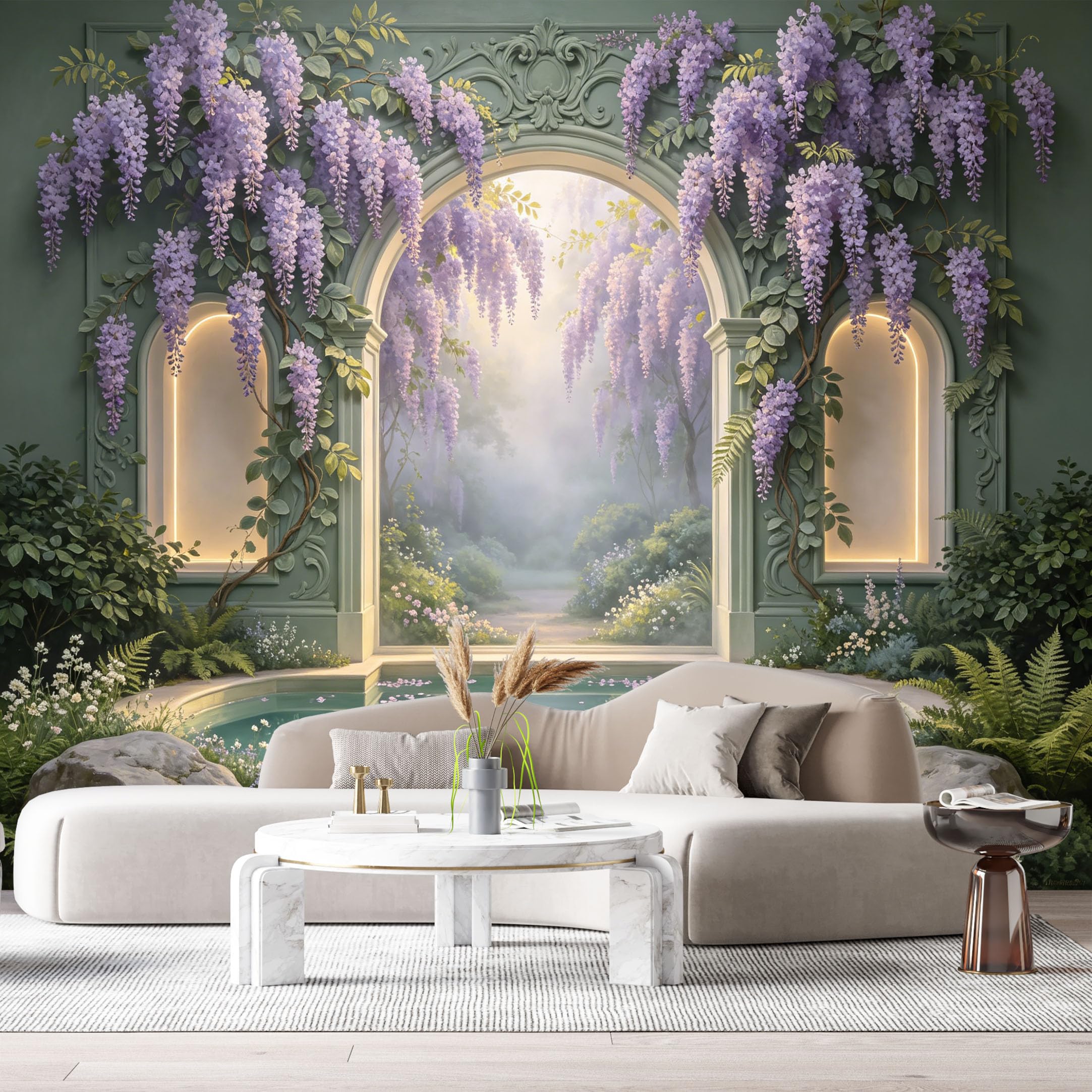 Custom Size Wall Murals Botanical Wisteria Flower Arch Pond Landscape 3D Trompe L'Oeil SelfAdhesiveWall Fabric Removable Wallpaper Wall Decor for Living Room Bedroom Bathroom