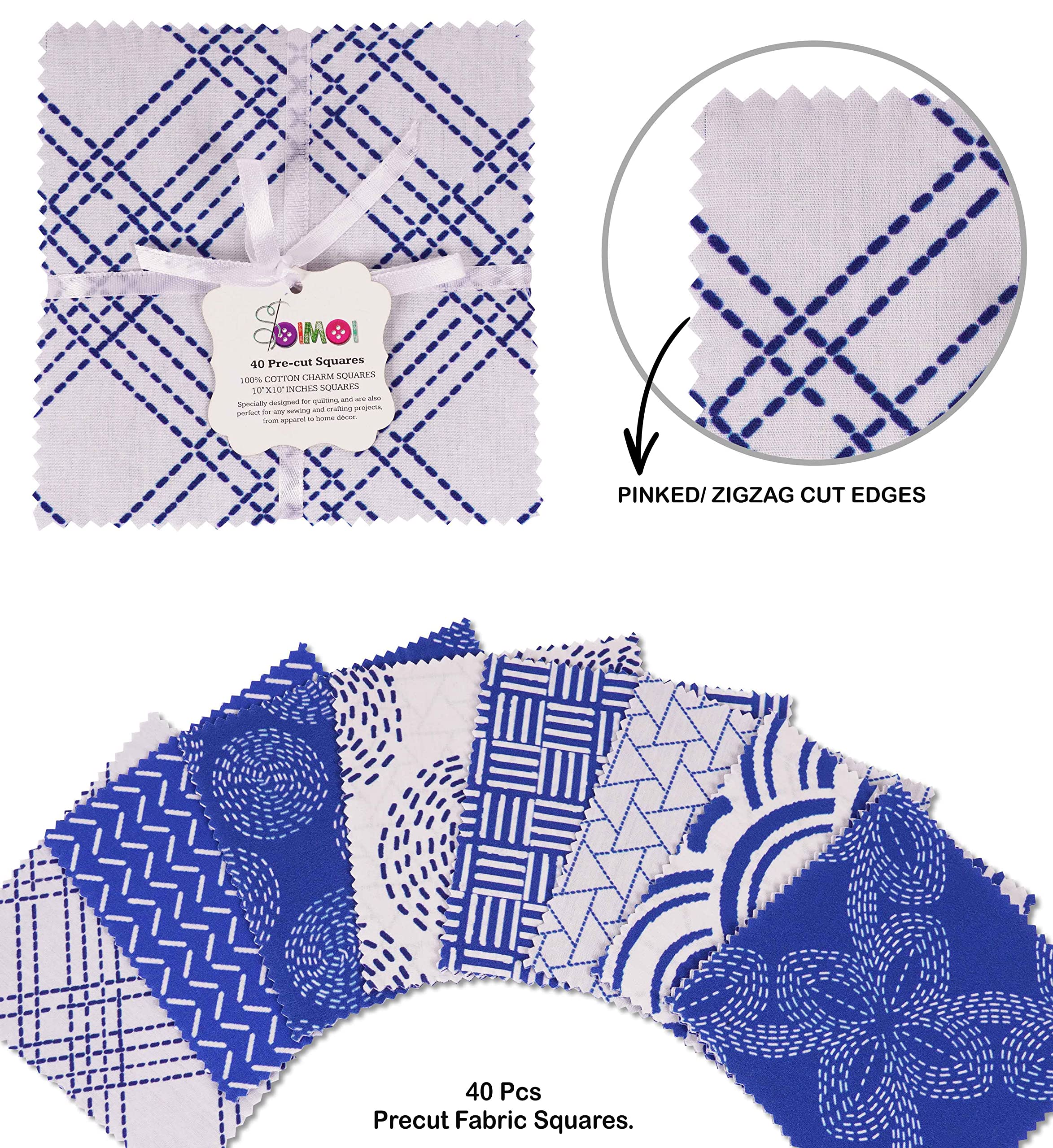 Soimoi Prect 10-Pollici Giapponese Sashiko Stampe Stampe In Cotone Tessuto Bundle Trapuntatura Quadrati Charm Pack Fai Da Te Patchwork Per Cucito - Bianco E Blu