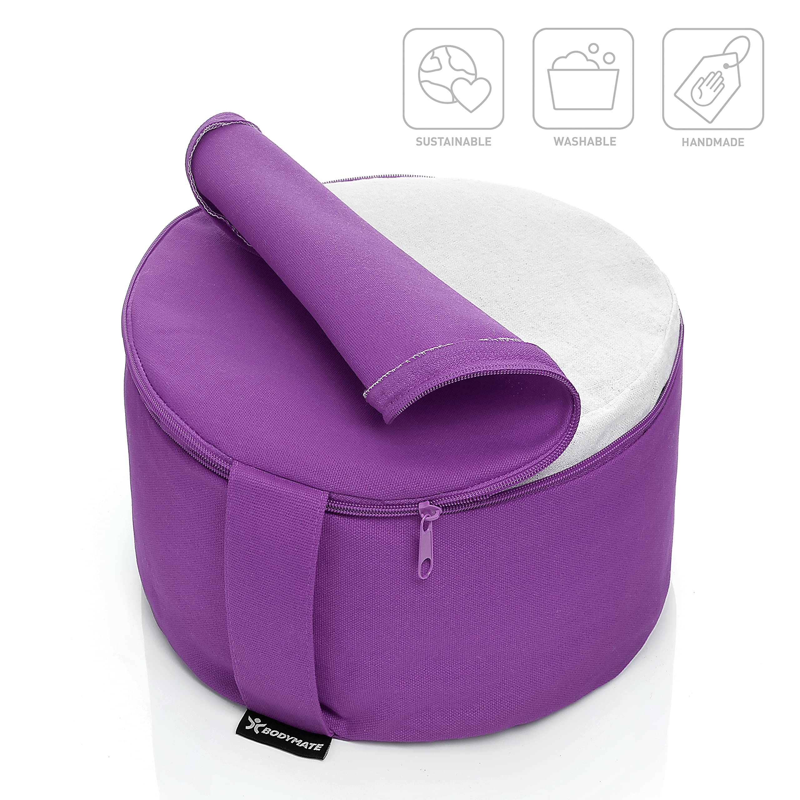 BODYMATE Cuscino da yoga rotondo 31 cm di diametro 16 cm di altezza con imbottitura in buccia di grano saraceno, lavabile in lavatrice in 100% cotone extra spesso, cuscino da meditazione