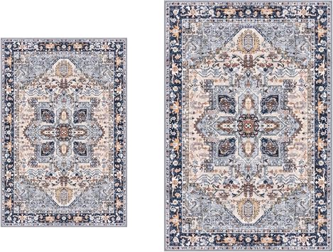 KOZYFLY 2 PCS Small Area Rug 2x3, 3x5 Ft Rugs for Entryway Washable Boho Rug Non Slip Door Mat Indoor Entrance Faux Wool Vintage Printed Kitchen Rug Throw Rugs for Entrance Kitchen, Blue Gray/Cream