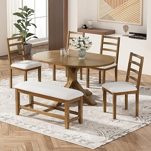 Miniatura 27 de Juego de comedor retro funcional de 5 piezas, mesa de comedor extensible de madera maciza con 4 sillas tapizadas y respaldos de ratán, juego de mesa