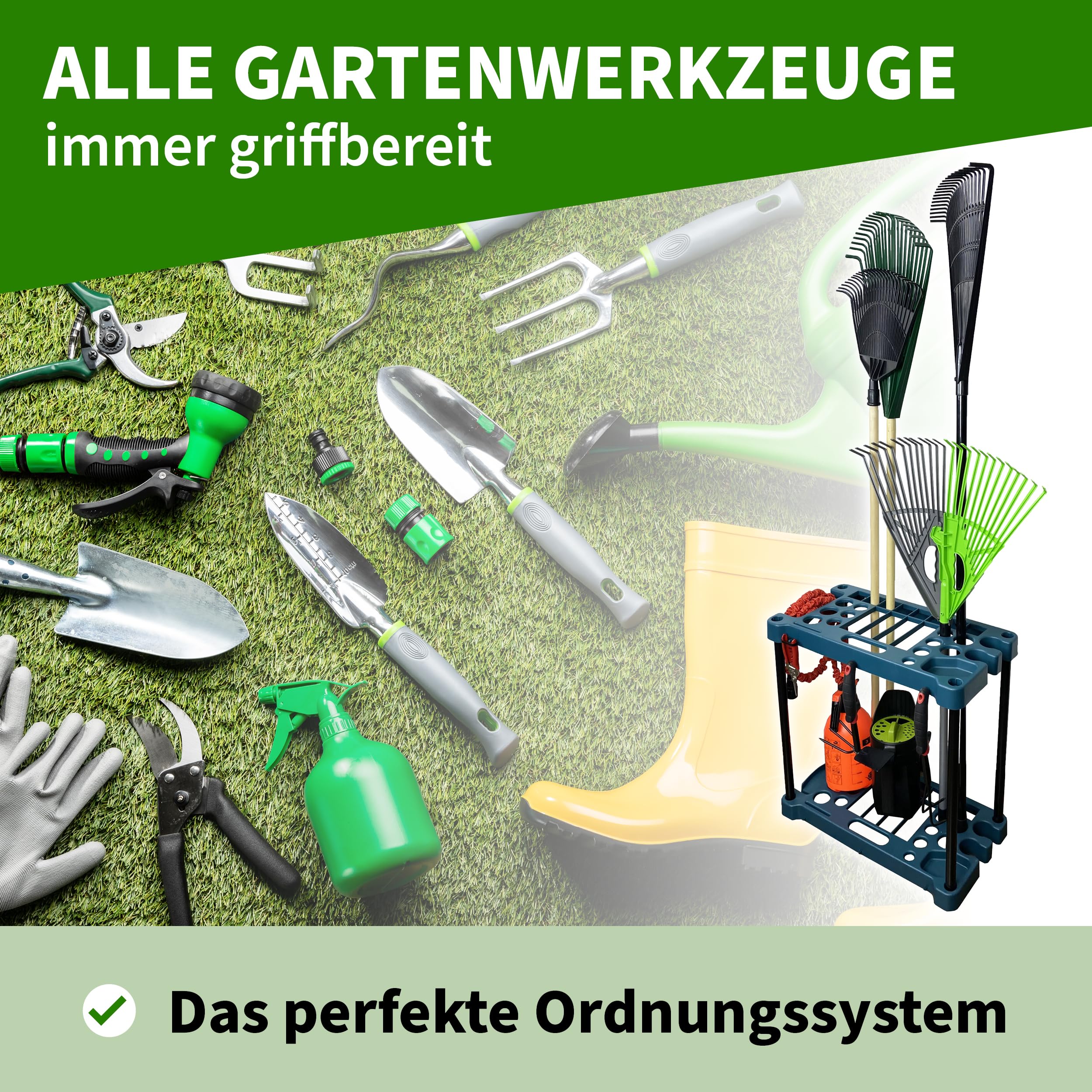 TTL GARDEN Gartengeräte Ständer rechteckig 61x58x31cm grün - 28 Fächer Gerätehalter & Organizer zur Aufbewahrung von Besen Spaten Rechen & Garten Werkzeug - für Gartenhaus Schuppen & Garage