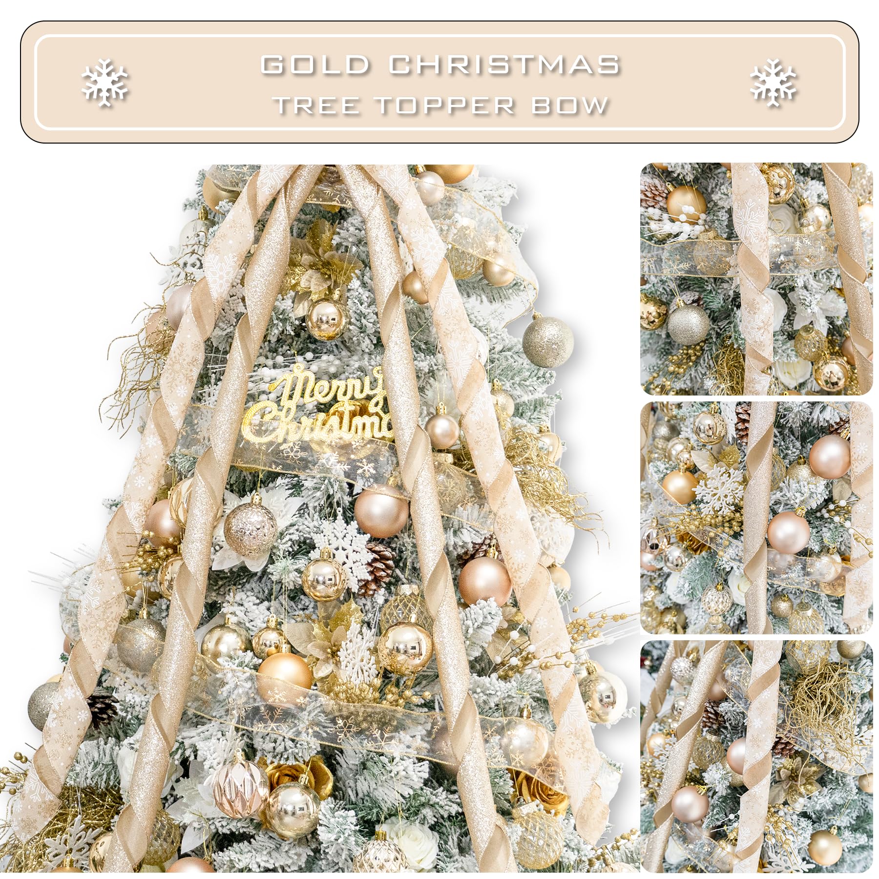 Hismir Lazo Grande de Navidad con Serpentina de Purpurina y Cinta Estampada, Lazos Decorativos para árbol de Navidad, Corona, Puerta, Festival, decoración del hogar (Copo de Nieve Dorado)