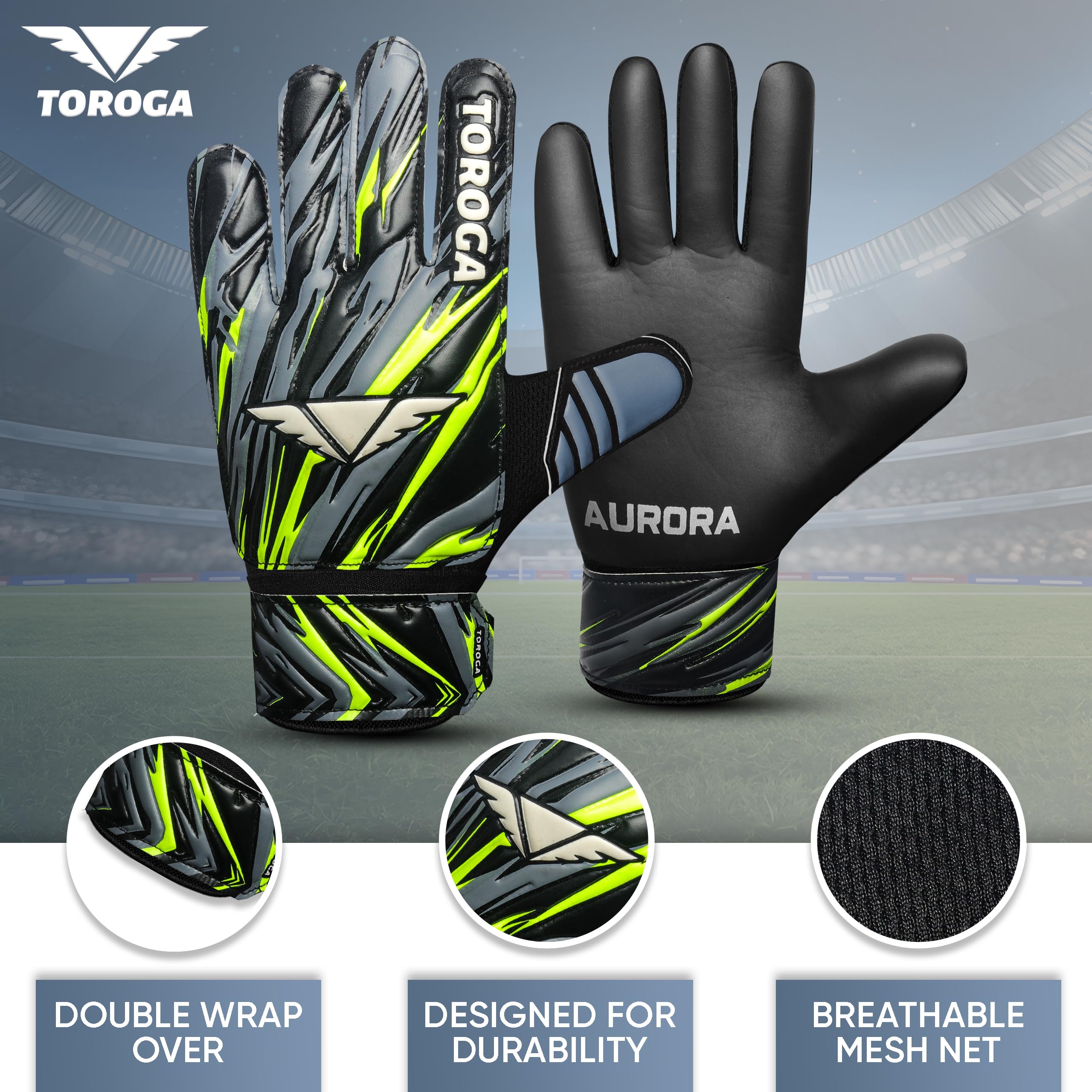 TOROGA Football Goalkeeper Gloves For Boys kids Children Youth Soccer Goalie Glove with Super Grip Palms (Black, 2) - Image 2